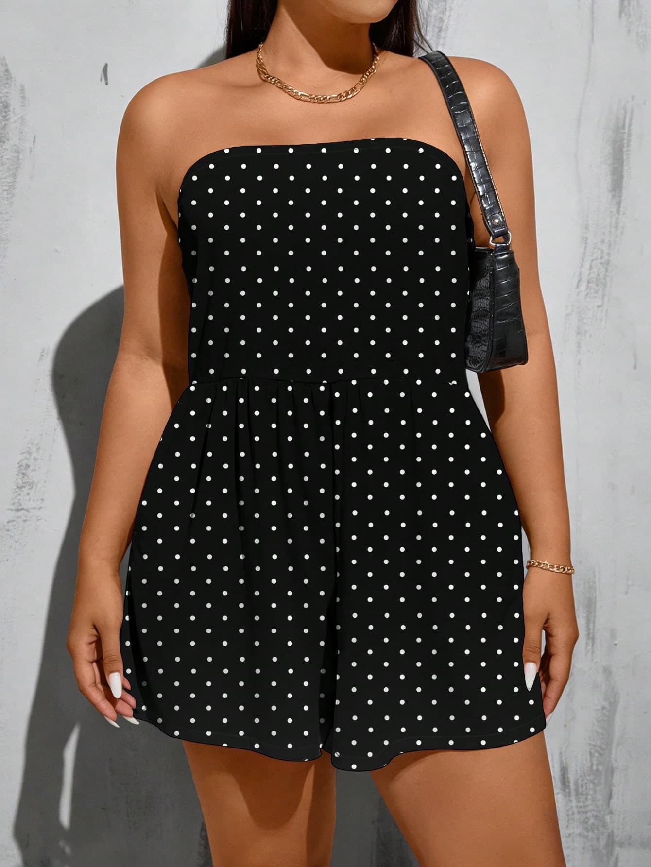 SHEIN Essnce Casual Minimalist Retro Polka Dot Print Plus Size Tube Top & Shorts Black Jumpsuit
