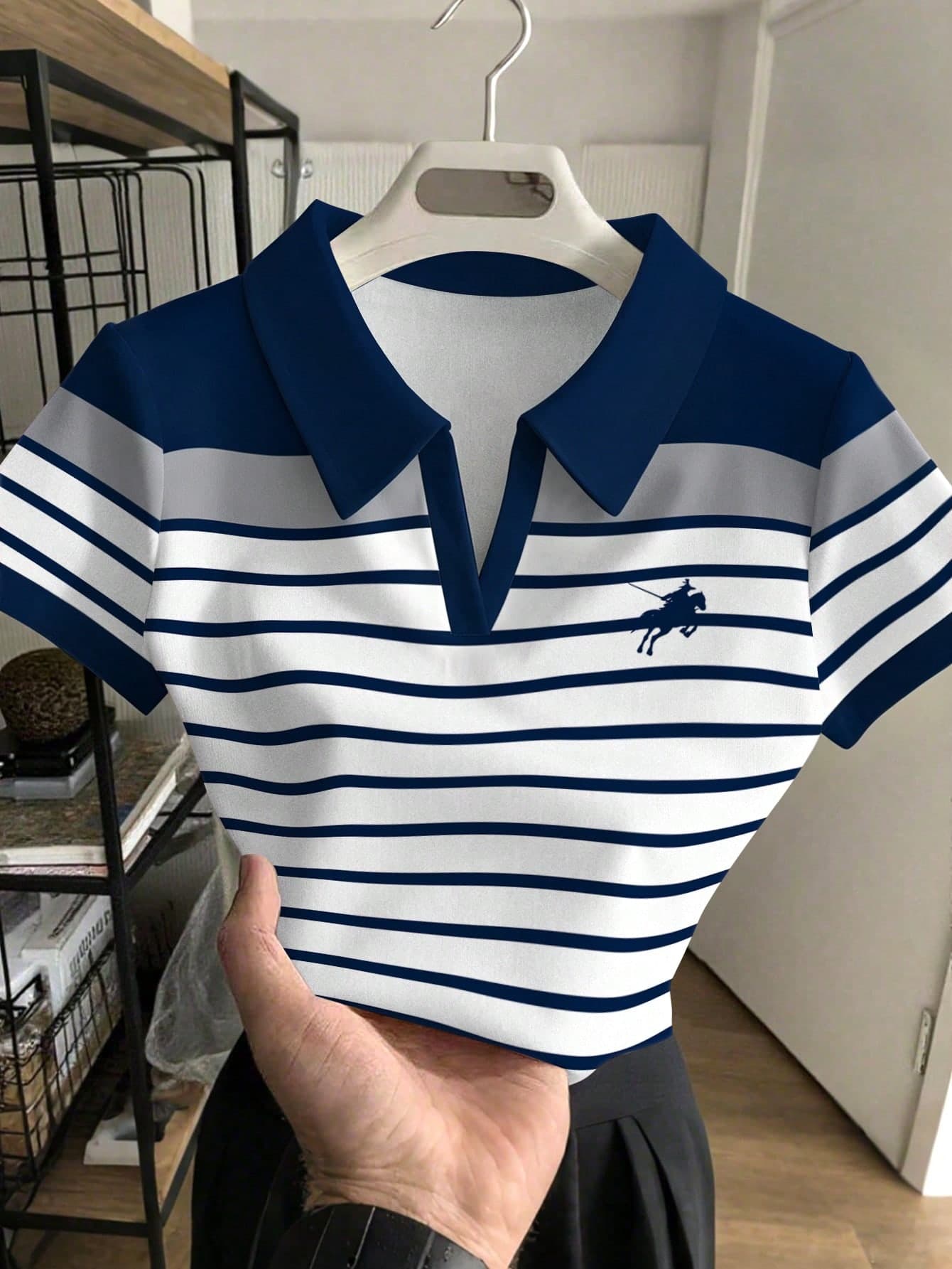 Rovax Women's Short Polo Shirt With Striped Horse Riding Print, Contrast Color Collar