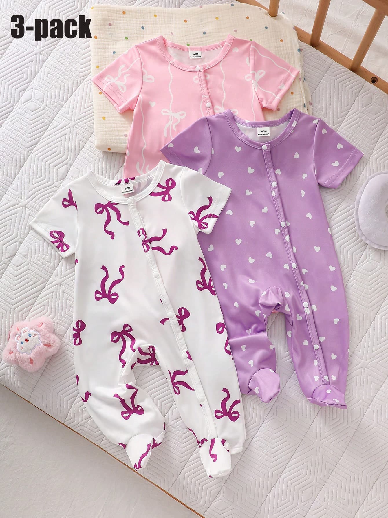 3pcs/Set Newborn Short Sleeve Jumpsuit With Footie,Purple,Pink,White,Autumn,Cute,Family Matching Bow & Heart Decor,Casual Comfortable Soft Homewear