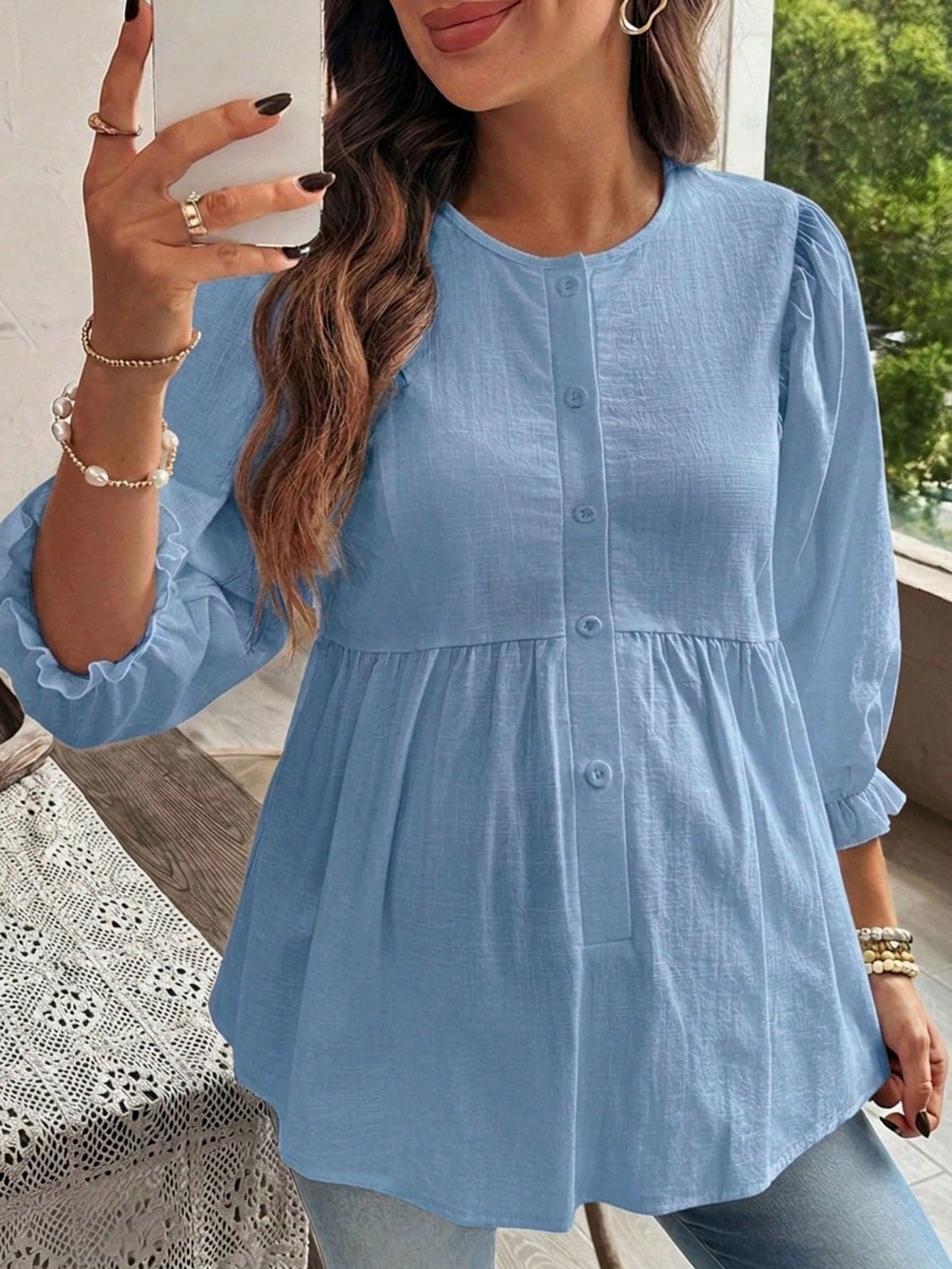 SHEIN Maternity Casual Solid Color Round Neck Raglan Sleeve Ruffle Hem Blouse Summer Fall Outfits For Women Yisikado Dress Maternity Photoshoot Baby Blue