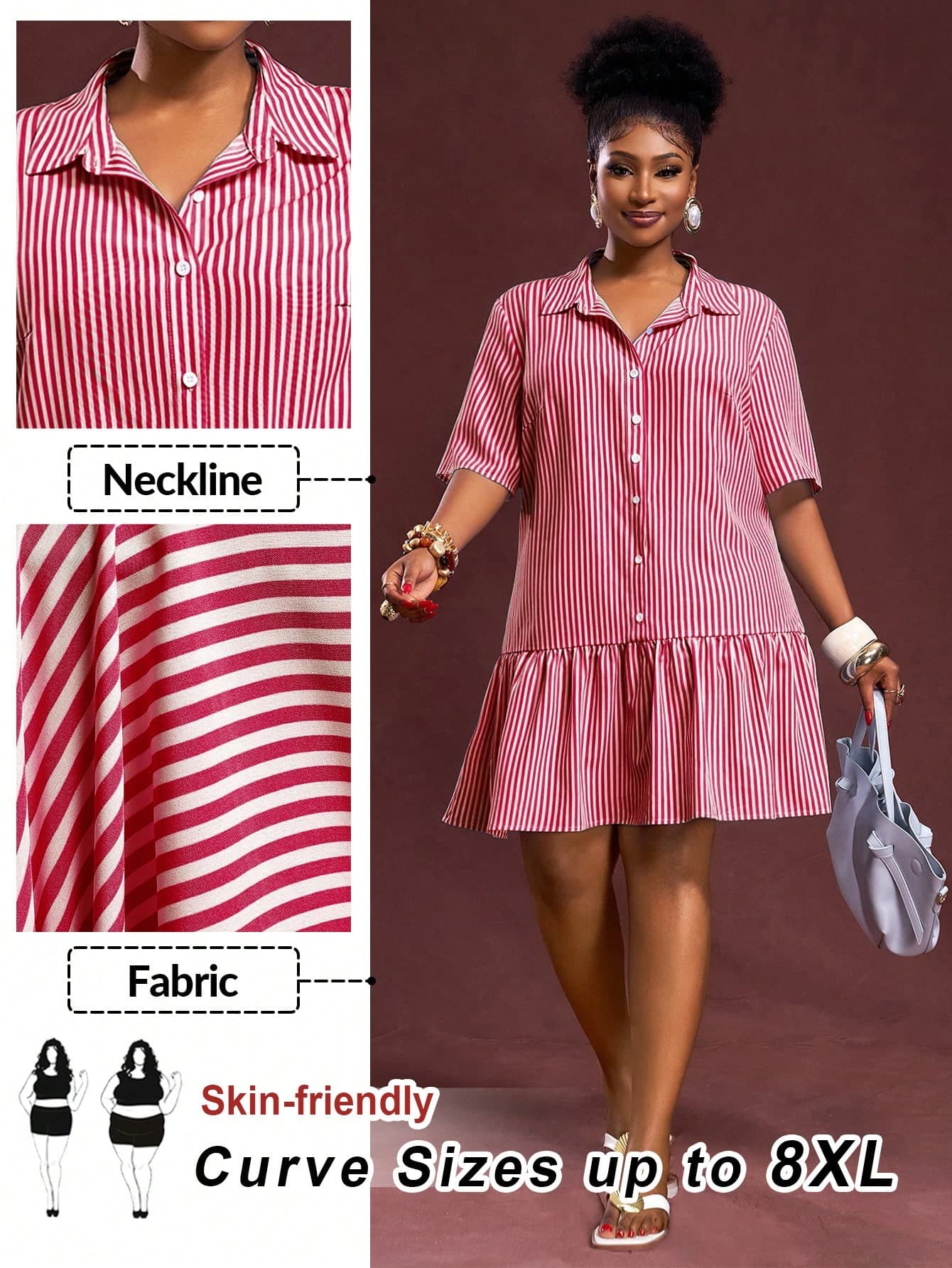 SHEIN CURVE+ CURVE PLUS /Valentine's Day/Plus Size Women Striped Short Sleeve Single-Breasted Ruffle Hem Casual Shirt Dress