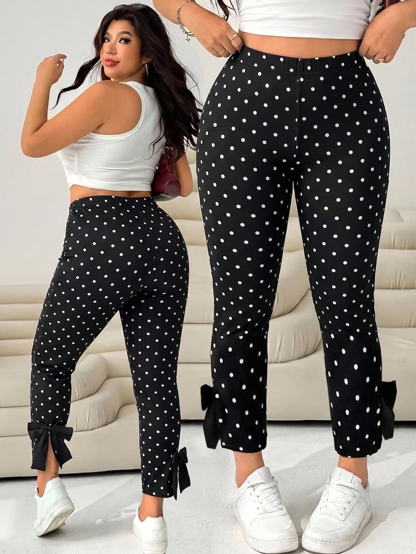 SHEIN EZwear Plus Size Polka Dot Casual Slim Fit Pants With Bow Decor, Versatile