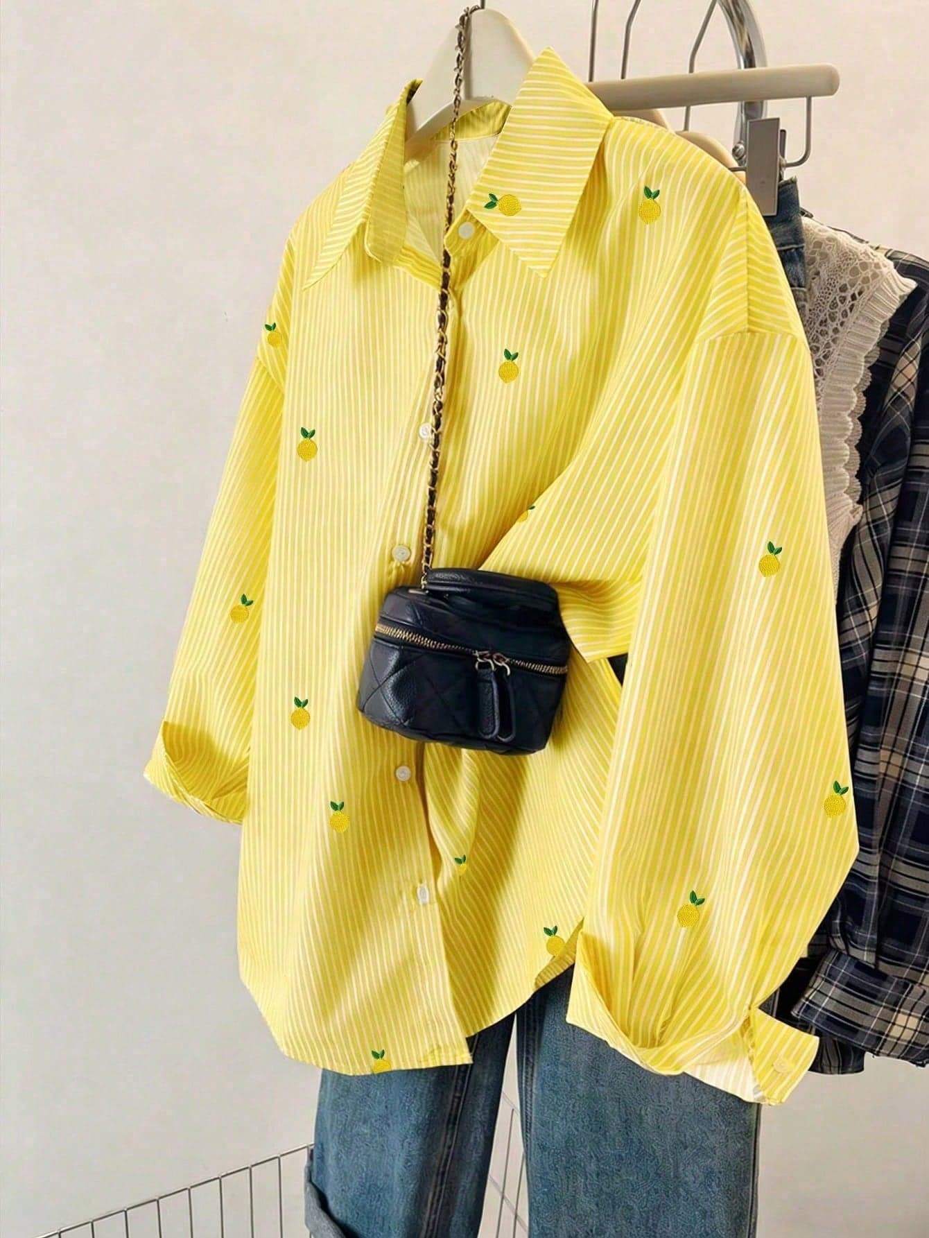 Resyla Plus Size Women's Lemon Stripe Print Shirt,Loose Long-Sleeve Casual Blouse,White,Summer,School,Back-To-School,INS-Style Top For Autumn Winter Fall