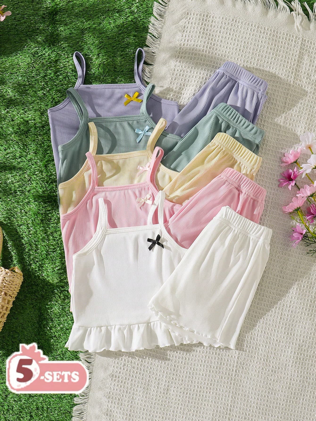 Elladie kids 5-Sets Girls' Summer Casual Sweet Outfit,White Fabric Spaghetti Strap Top Shorts,Bow Decor,Crochet Trim,Ruffle Hem,Family Matching Set