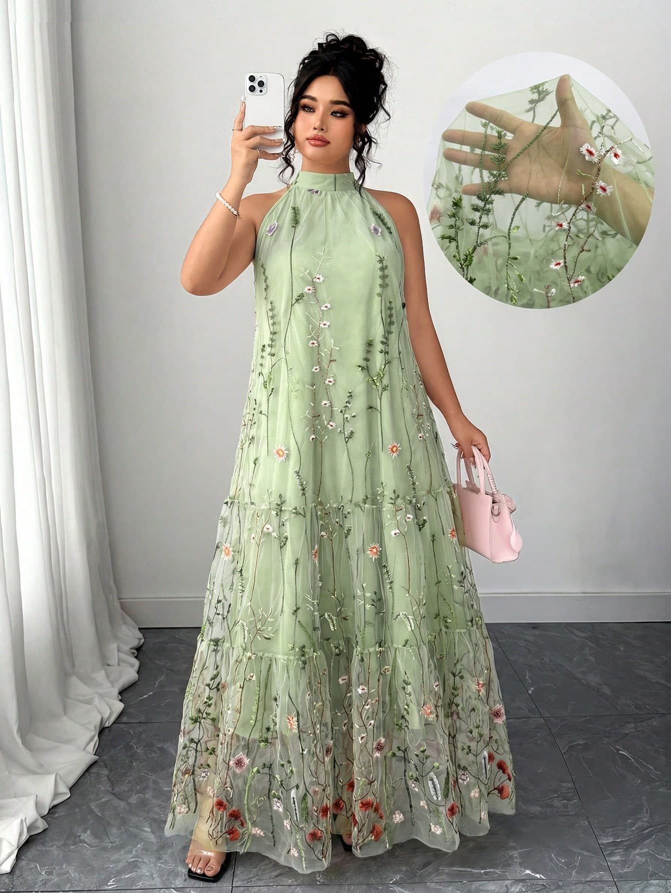 Elenzga Plus Size Women's Elegant Mint Green Embroidered Sleeveless Dress, Delicate Chiffon Bohemian Style Vacation Fairy Dress