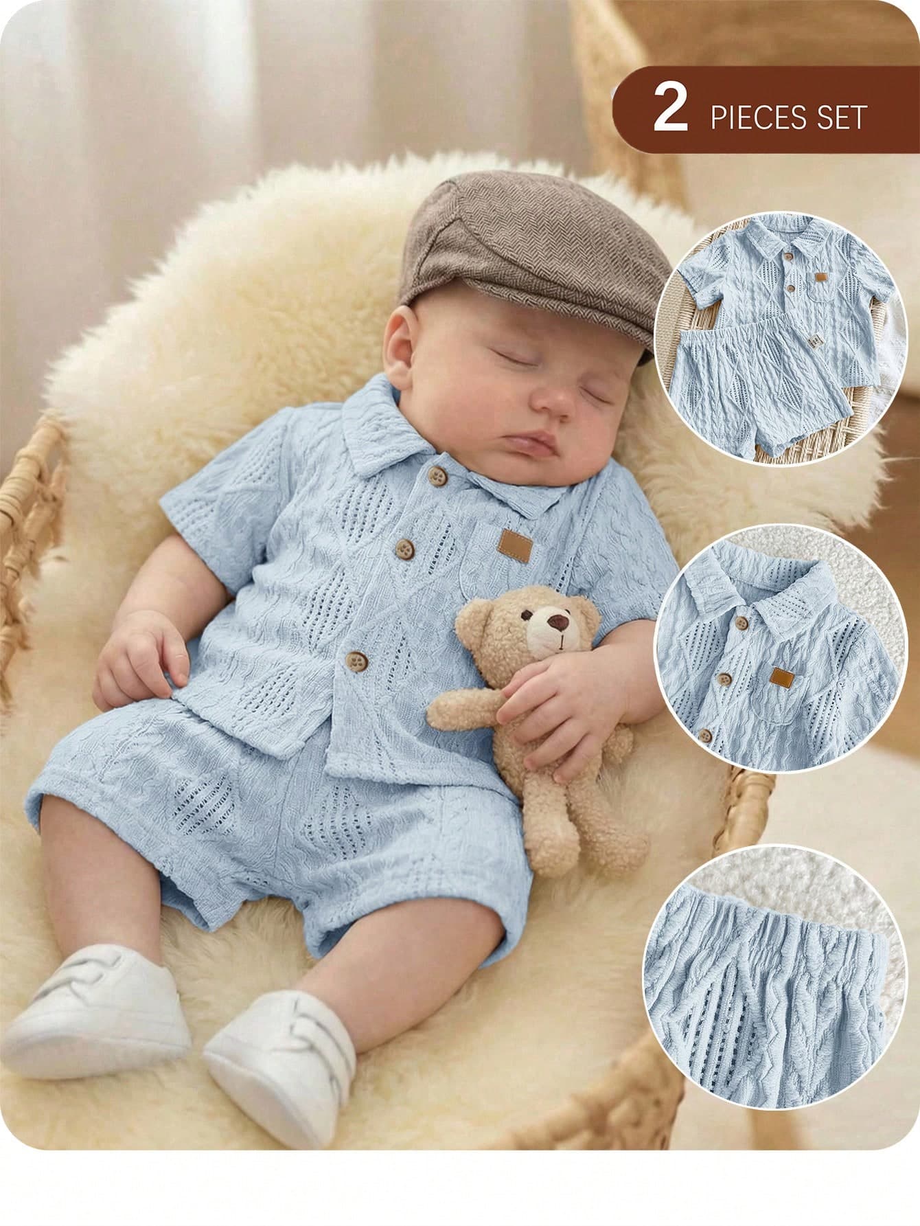 SHEIN Newborn Baby Boy Cute Casual Knit Jacquard Short Sleeve Shirt And Elastic Waist Shorts Set