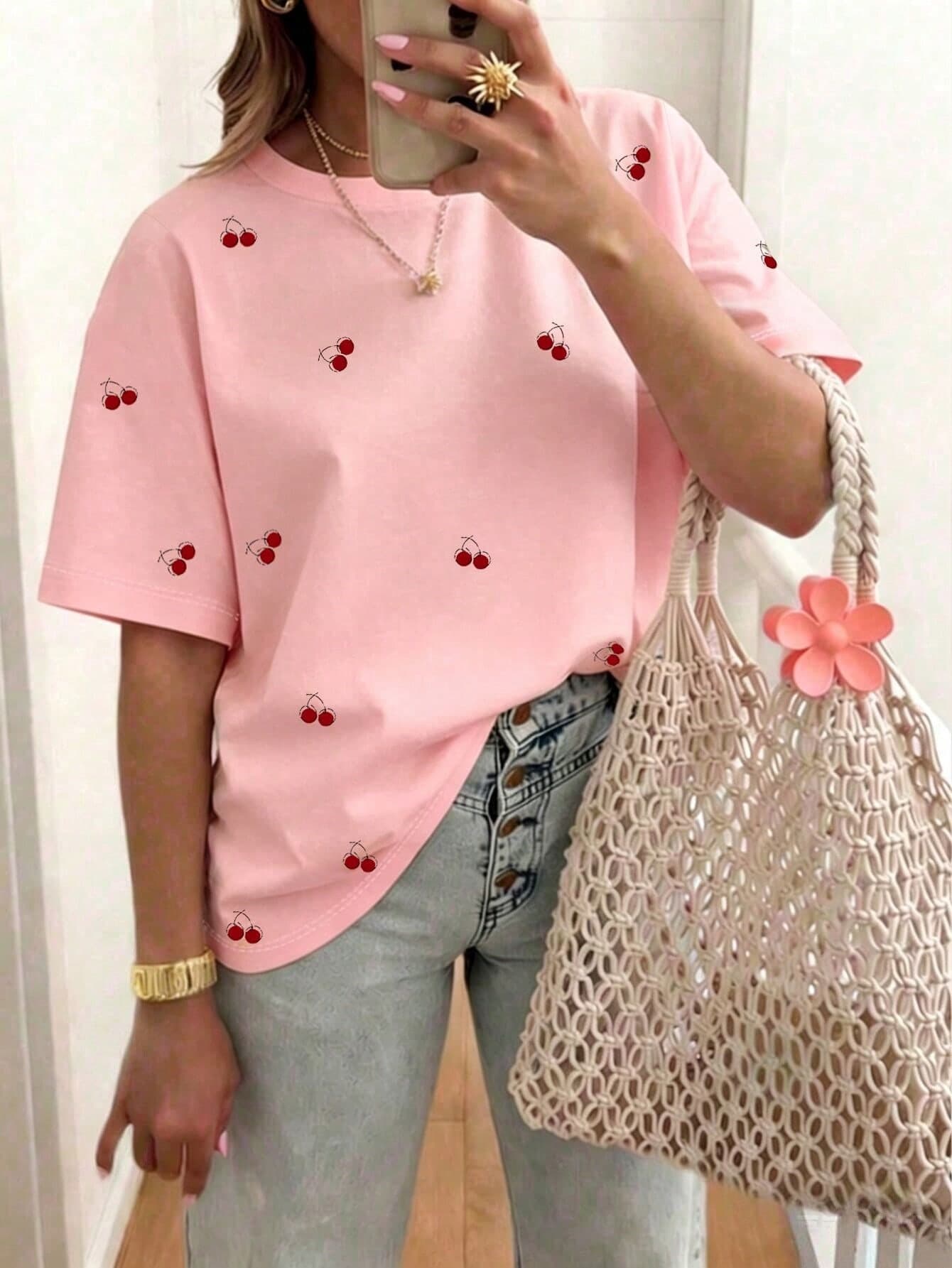 EMERY ROSE Women's Fruit-Themed Short-Sleeved T-Shirt, Casual Outdoor Wear, Cute T-Shirt, Lounge Wear