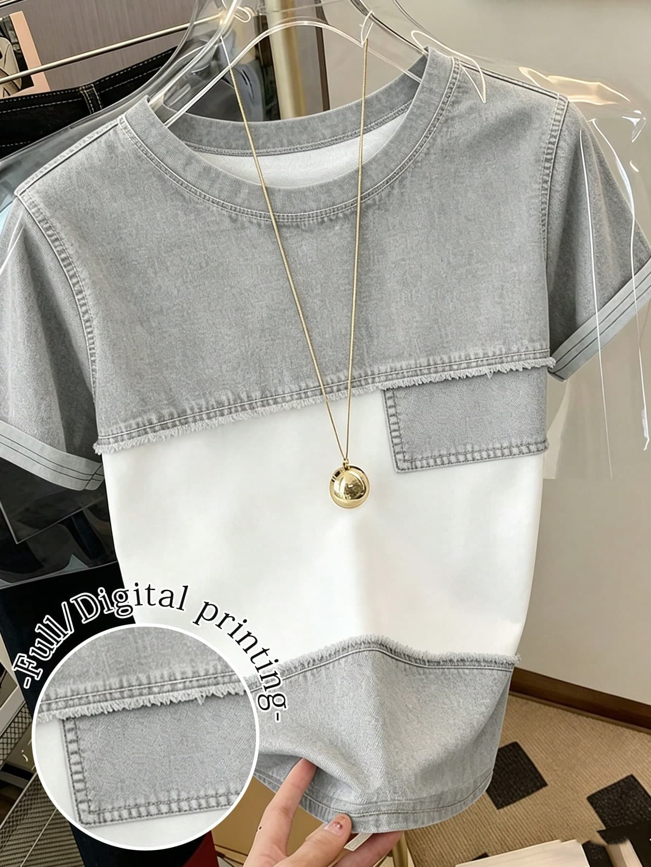 Resyla Casual Fashion Grey Denim Effect Fitted Knit Pullover Short Sleeve T-Shirt For Women