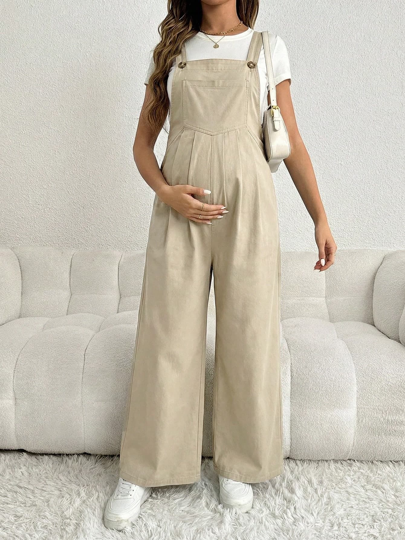 SHEIN Maternity Solid Color Casual Denim Bib Pants