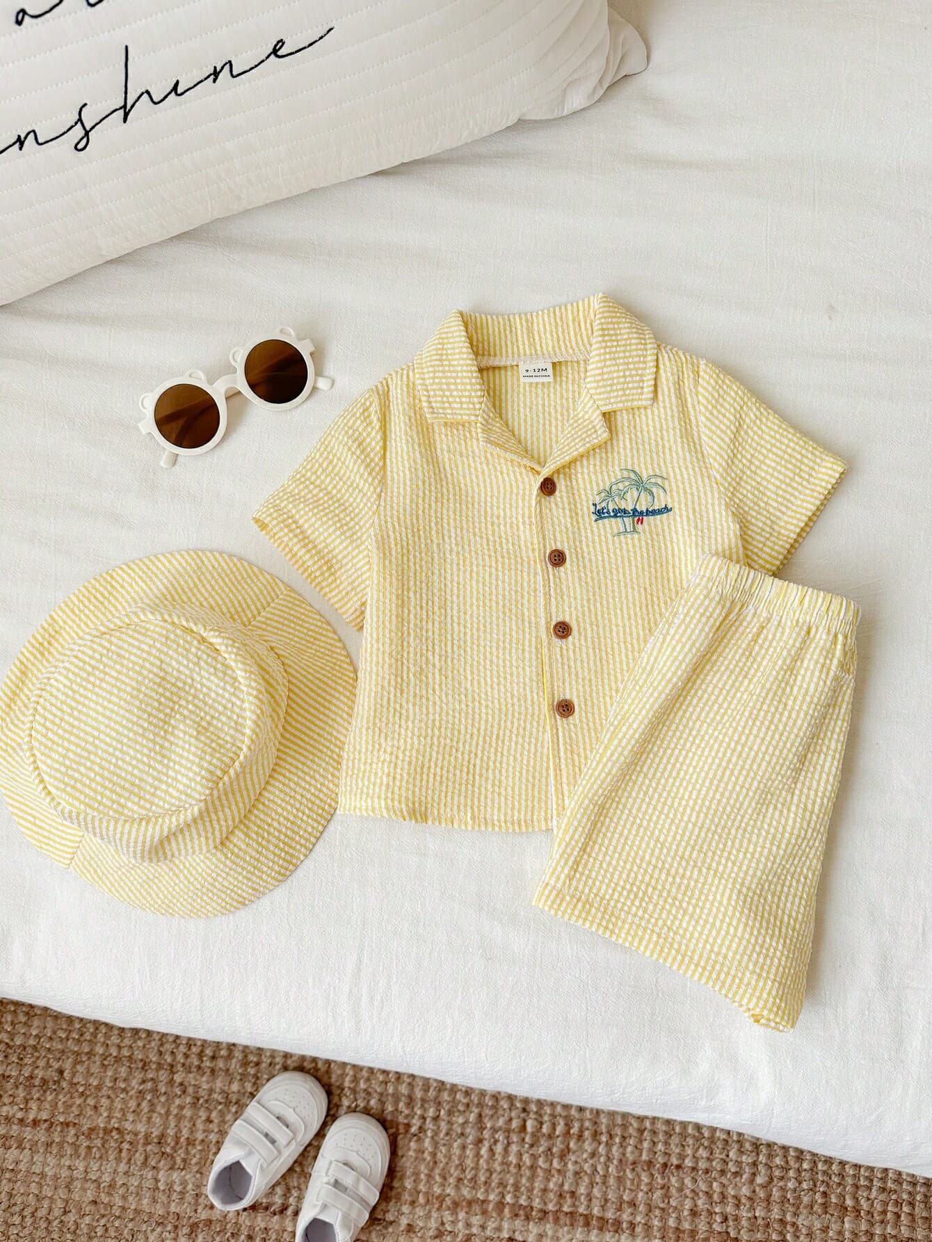 SHEIN Kids Young Boy/Girl, Young Boy 3pcs Spring/Summer Fashion Vacation Style Lemon Print Short Sleeve T-Shirt And Striped Shorts And Sun Hat Set, Young Boy Summer Clothes, Outfits, Squishy