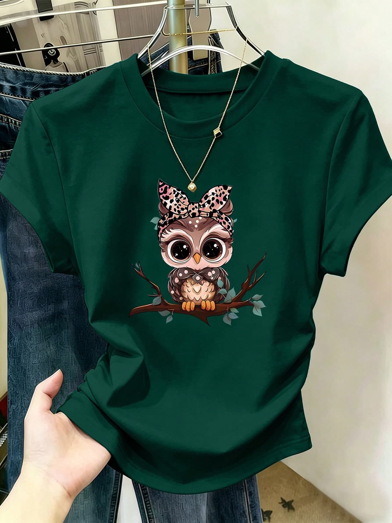Resyla Women'sCartoon Owl Print Pleated Round Neck Short Sleeve Casual T-Shirt