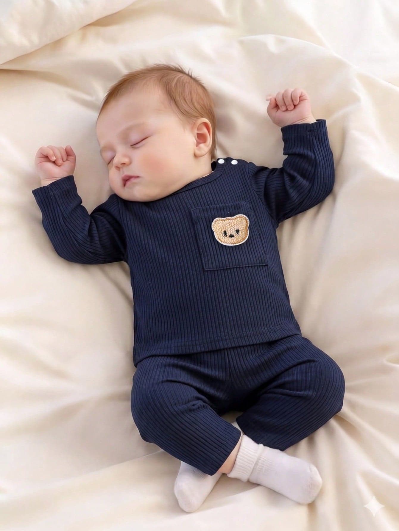 SHEIN Newborn Baby Boy Basic Outfit, Textured Fabric Bear Pattern Top With Pocket Design
