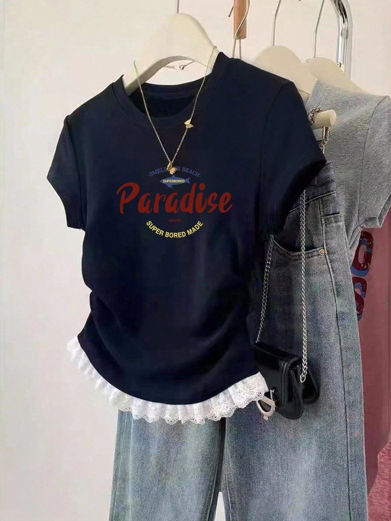Teen Girl Cute Navy Summer Beach T-Shirt,Sweet-Cool Letter Print Ruched Waist Round Neck Short Sleeve Tee,American Vintage Lace Trim Slim Top