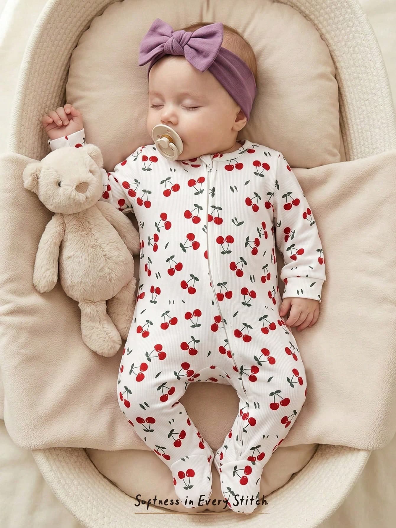 Cozy Pixies Newborn Baby Girl Cartoon Fruit Pattern Knitted Soft Round Neck Long Sleeve Romper