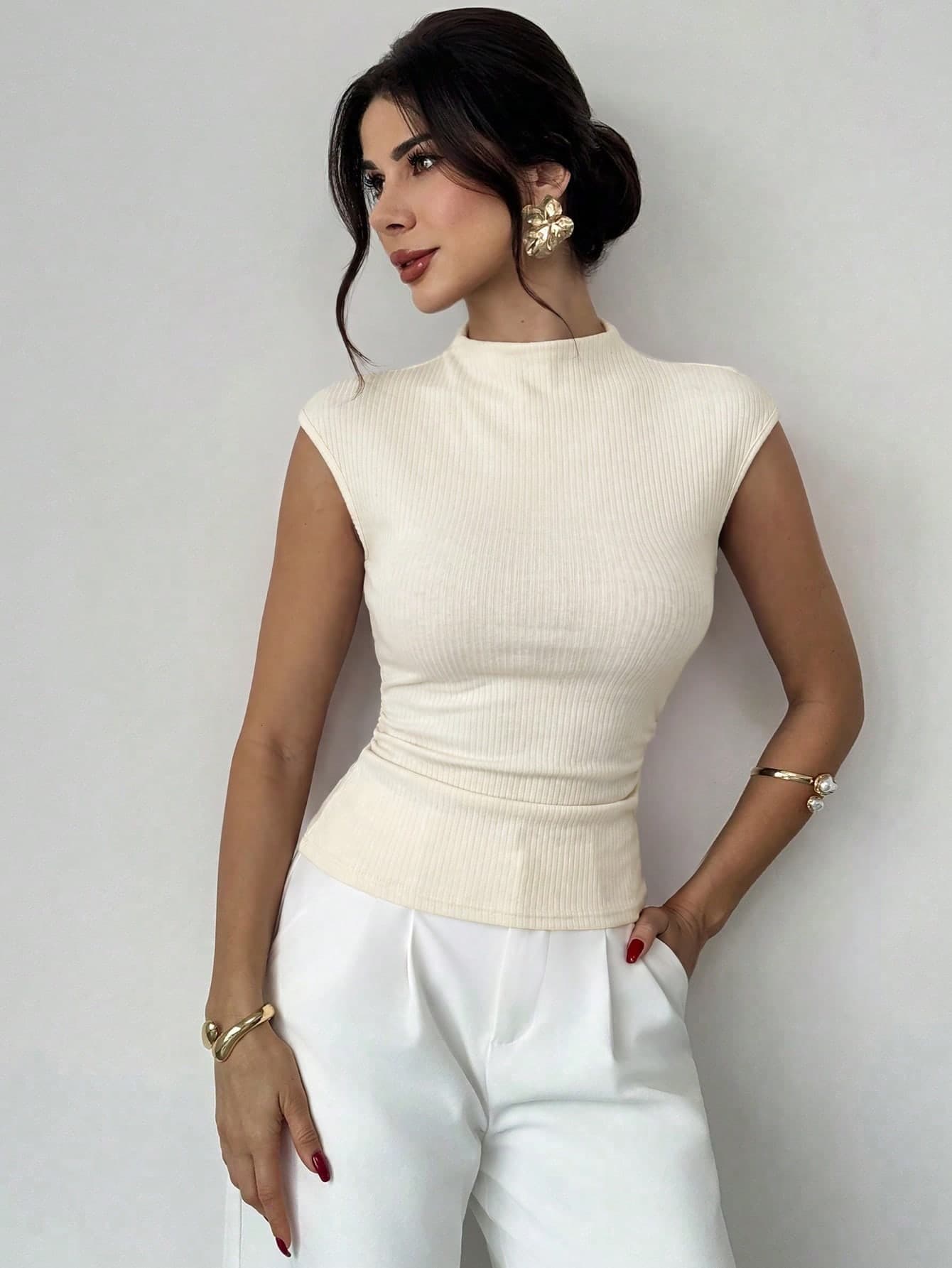 Firerie Women's Elegant White Summer Turtleneck Tank Top,Ribbed Knit Slim Fit Crop Top,Everyday Ruffle Sleeve Stretchy Blouse,Minimalist Basic Layering Shirt