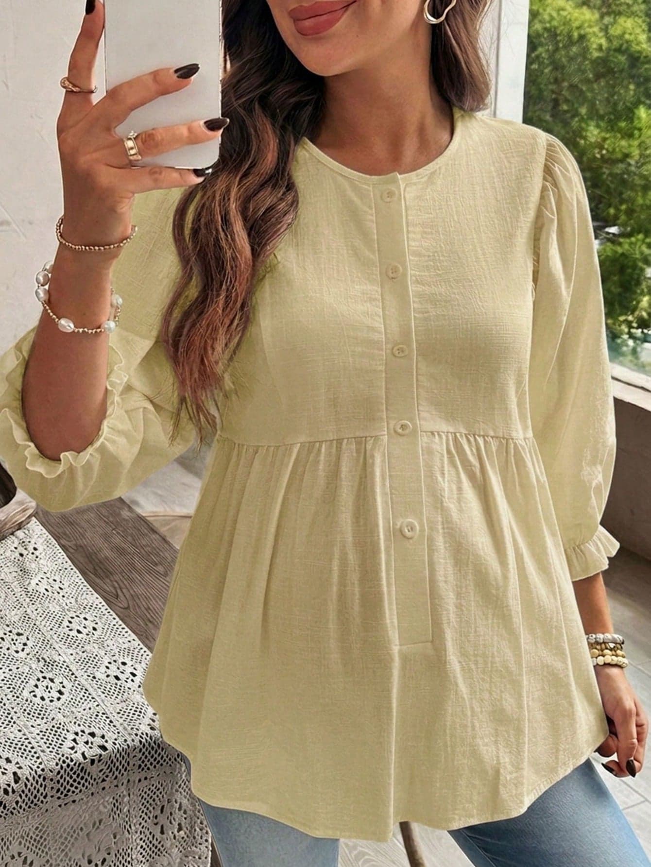 SHEIN Maternity Butter Yellow Summer Smart Casual Everyday Babydoll Top Solid Color Ruffle Sleeve Vacation Style Fall Zanea Dress For Woman Baby Shower