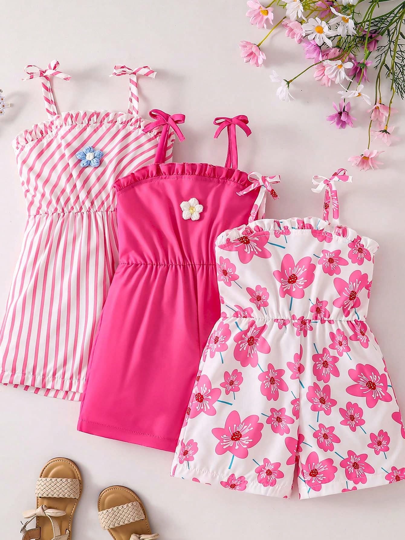 SHEIN Young Girl Floral Print Summer Matching Family Vacation Tie-Up Romper,Cute Camisole Cotton Dress Toddler Girls Outfits Pink Clothes Set