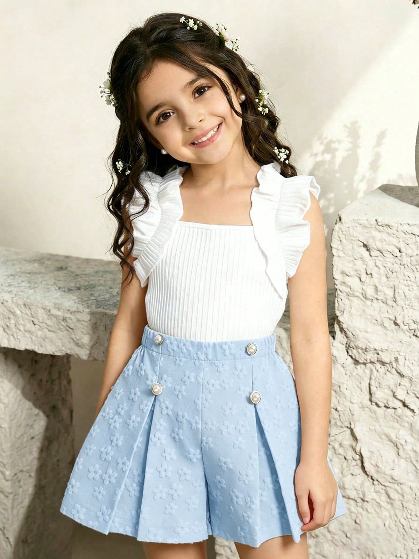 SHEIN 2Pcs Young Children Summer Clothing Set,Sleeveless Pleated Vest Knitted Pit Stripe T-Shirt Top&Elastic Waisted Shorts With 3D Positioning Flowers