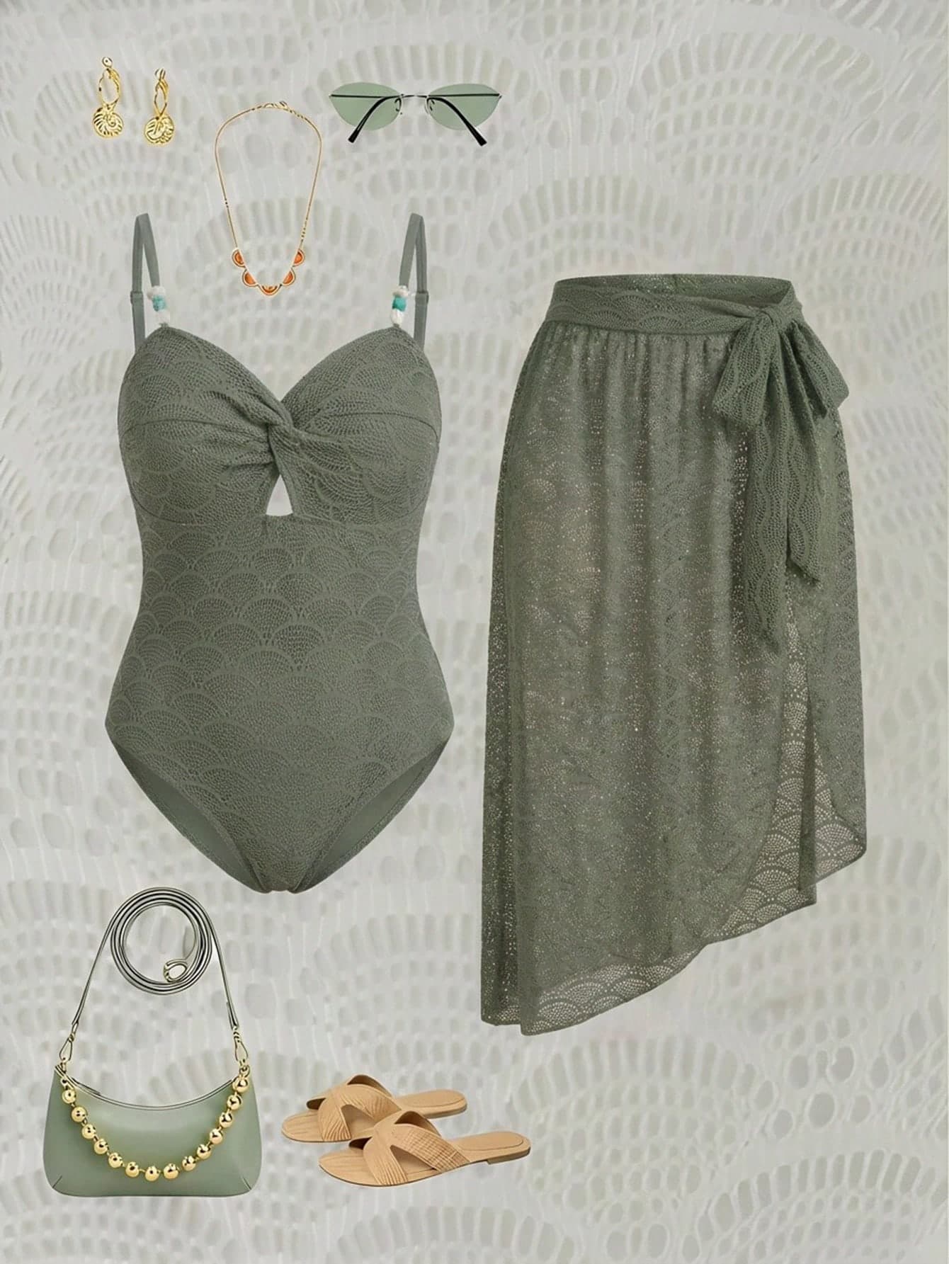 Swim Oasis Plus Size Women 2-Piece Sage Green,Summer,Elegant,Tropical,Beach,Holiday Outfit,Adjustable Beaded Strap Hollow-Out Crossover Slim-Fit One-Piece Bikini