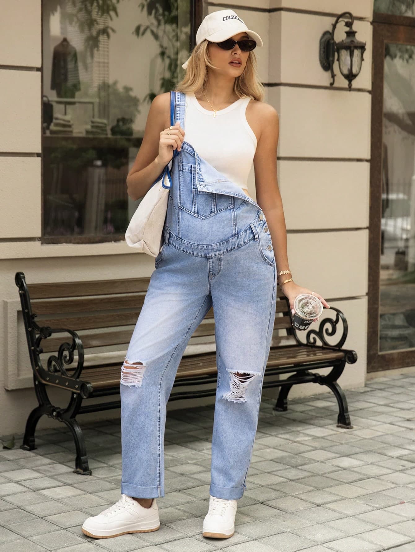 SHEIN Maternity Distressed Light Blue Denim Bib Overalls,Summer Casual Everyday Non-Stretch Jean Jumpsuit For Women,Long Overall Jeans Brunch Outfits