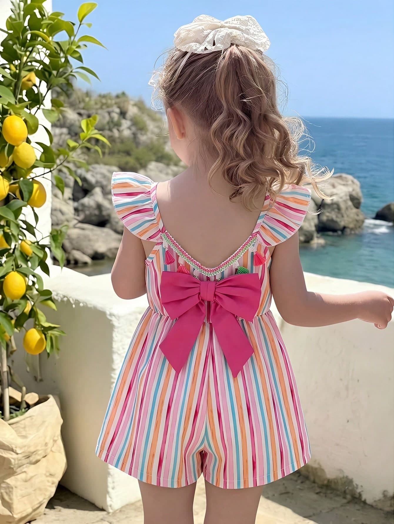 SHEIN Sparklyn Polka Dot,Summer,Bohemian,Sheet,Vacation,Squishy ,Girls' Colorful Striped Sleeveless Romper With Bow Back, Fuchsia, Soft Dress, Lace, Cotton