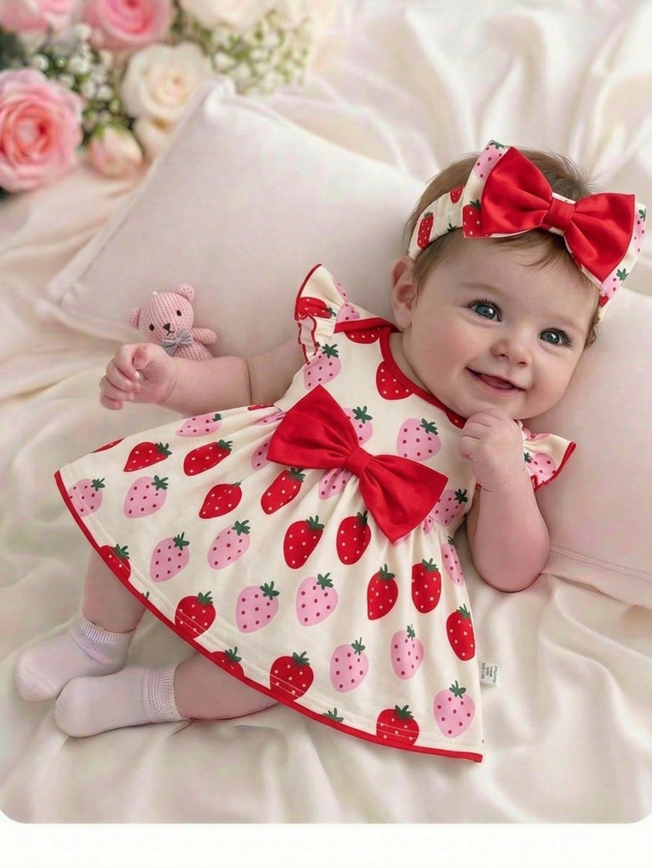 SHEIN Baby Girl Cute Strawberry Print Dress,Red And White Polka Dot,Summer Birthday Vacation Style,Sweet Bow Cartoon Fashionable Long-Sleeved Red Dress