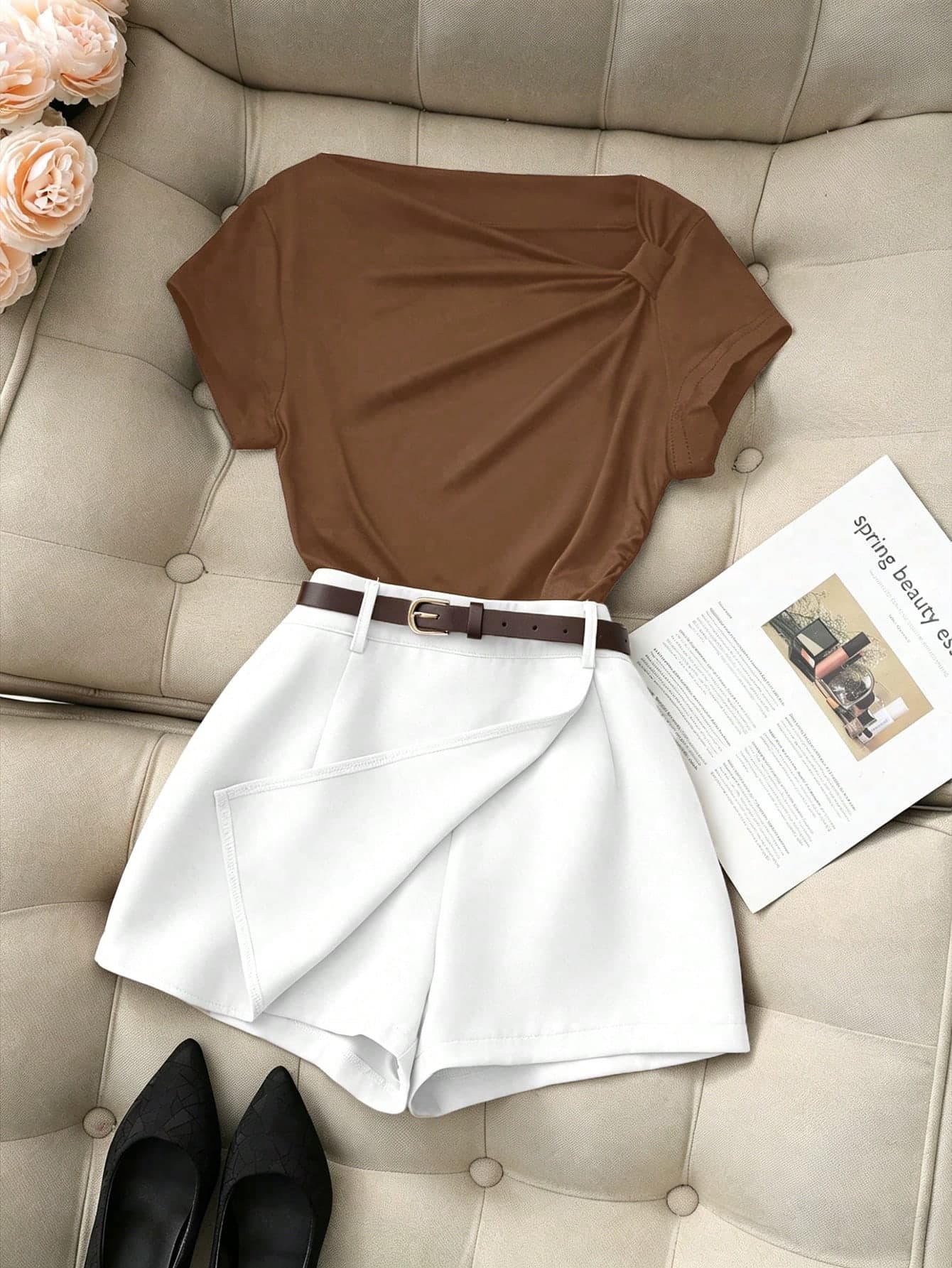 Franclia Women's Elegant Summer 2-Piece Set,White And Brown Ruched Asymmetrical Shoulder Tight Short Sleeve Top&Drawstring Shorts Skirt For Brunch Vacation