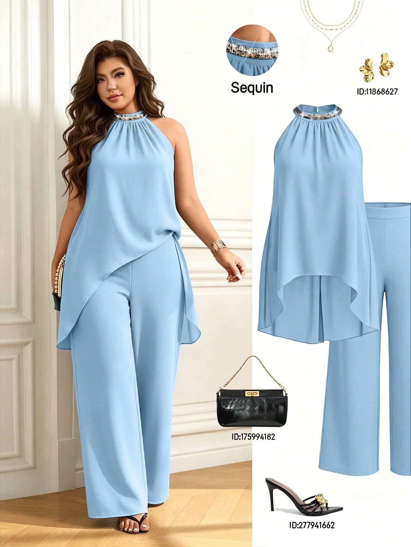 Femmeverse Plus Size Women's Pleated Halter Neck Sequin Patchwork 2 Pieces Set, Loose High Waist Wide Leg Pants Suit