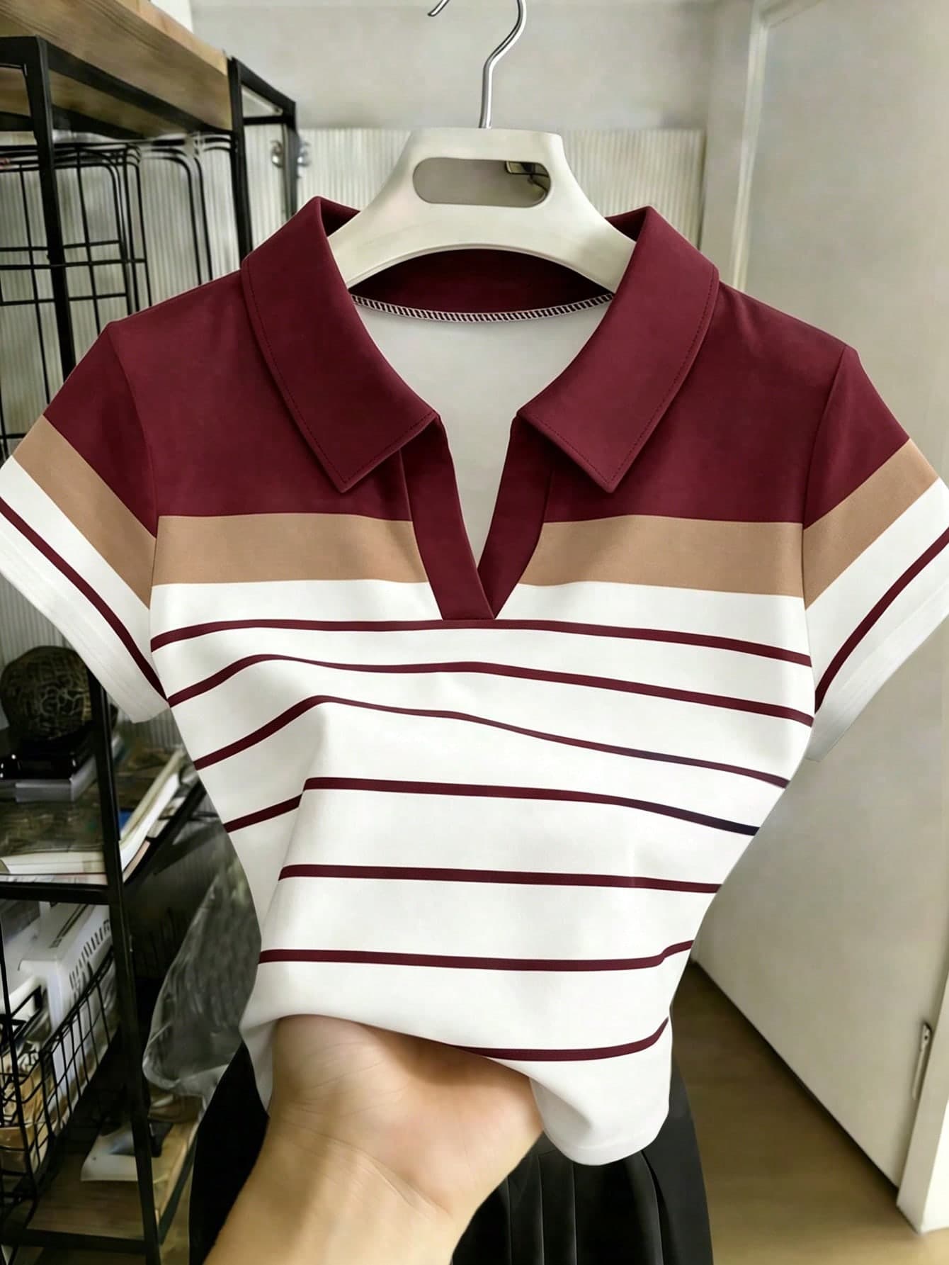 Franclia Casual Colorblock White And Burgundy Short Sleeve T-Shirt, Summer Back-To-School School