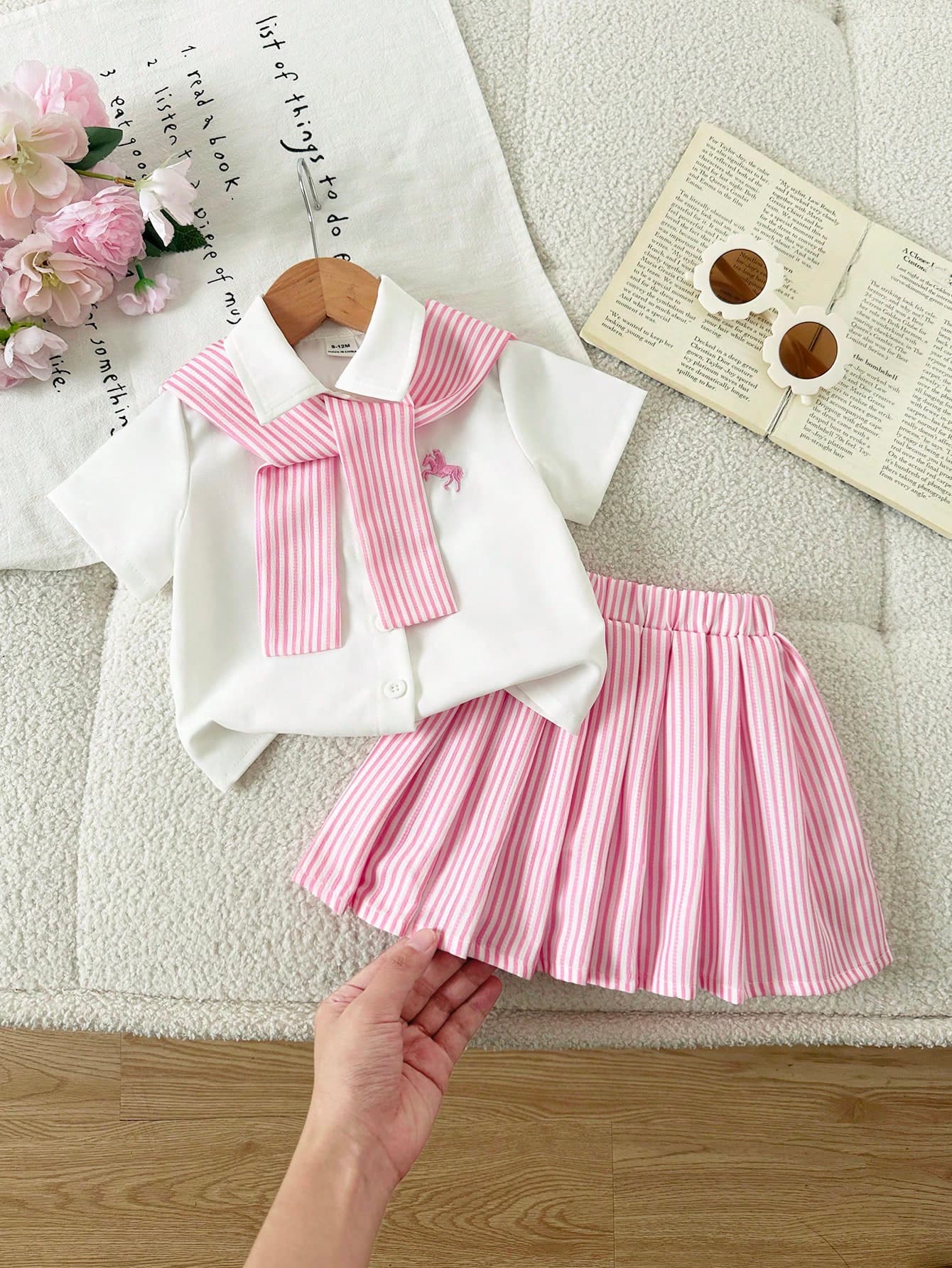 SHEIN 3pcs Baby Girls' Cute Pink And White Embroidered Pony Striped Shirt Shawl&Pleated
