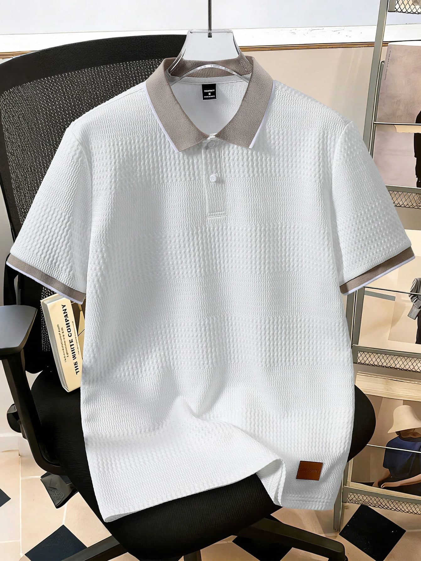 Manfinity Joysei Men's Knitted Jacquard Texture Solid Color Collar & Cuff Ribbed 2-Button Polo Shirt, Formal
