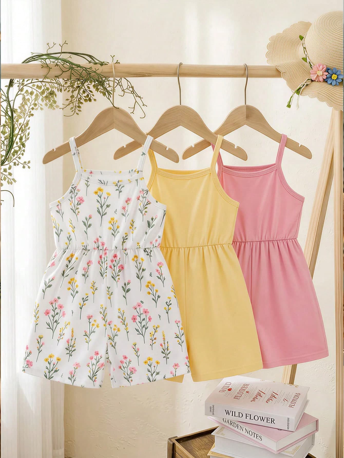 3pcs Young Girl Soft Macaron Solid Color & Fresh Floral Matching, Suitable For Various Summer Occasions. Spaghetti Strap Romper, Easy To Wear And Cute