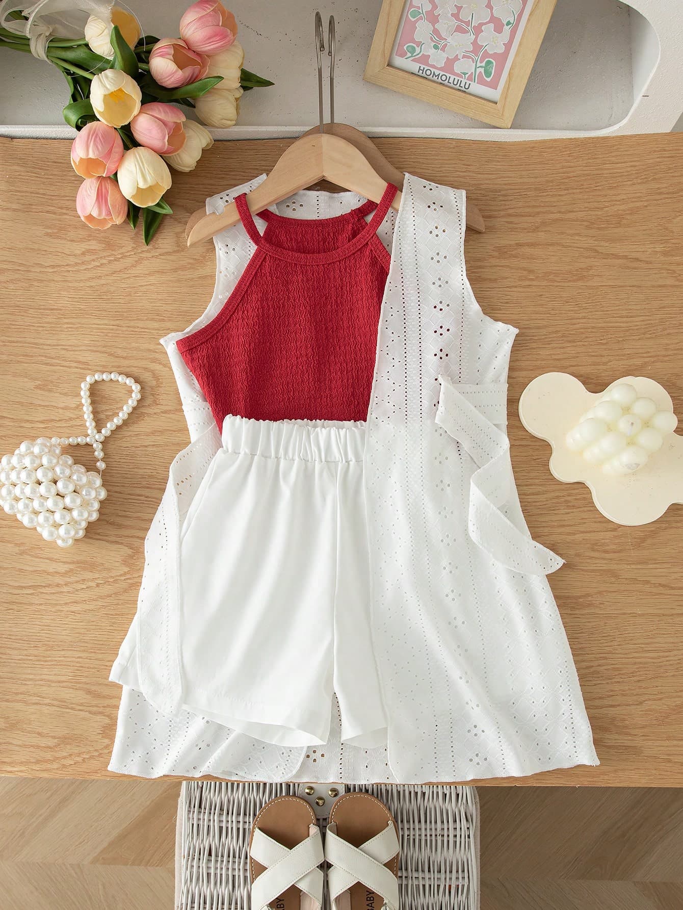 SHEIN Elladie kids Girls' Summer 3 Pieces Set:Sleeveless Crop Top,Straight Leg ShortsThin Knit Jacket With Belt Decor,Casual Comfortable Young Girls Clothing Sets White