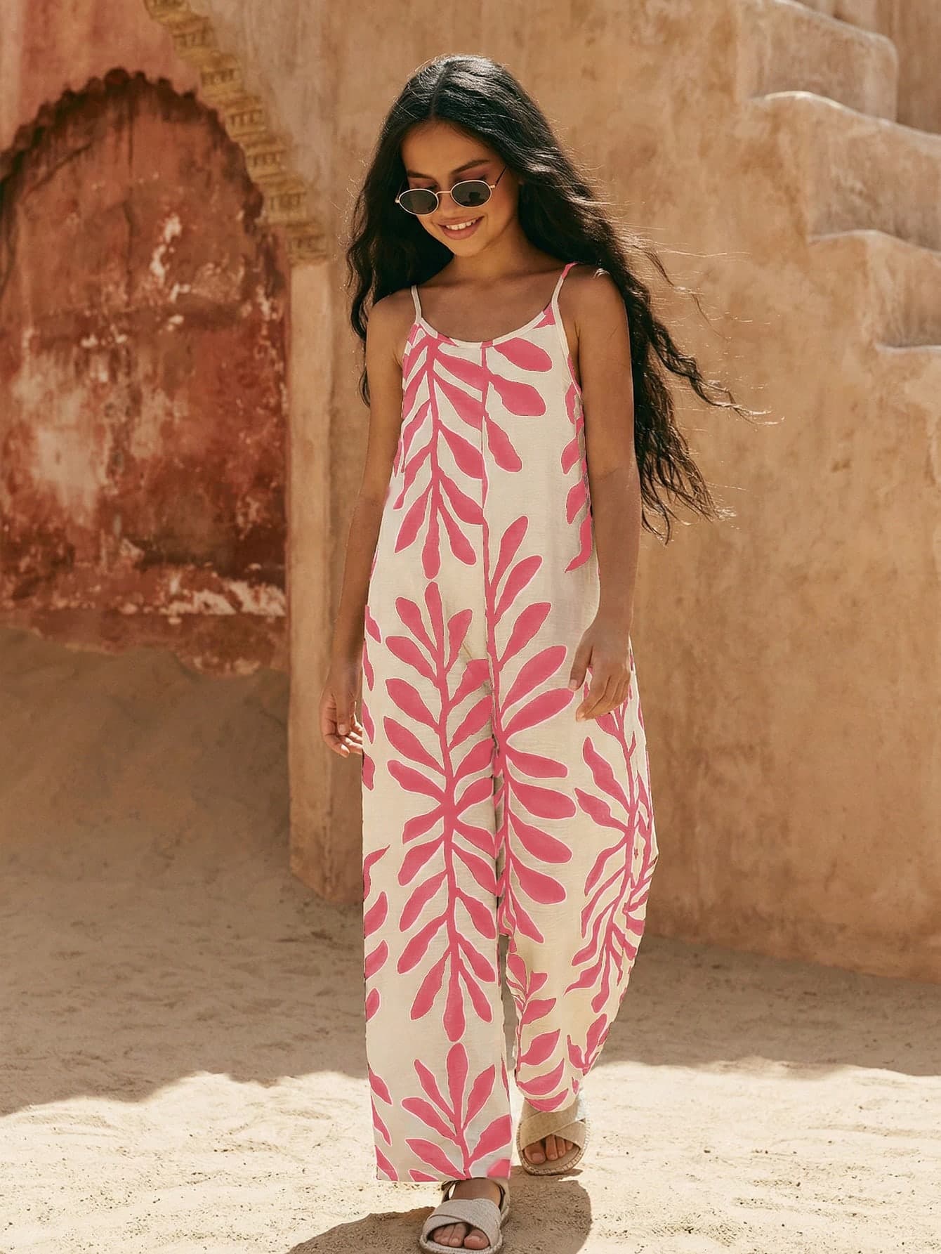 SHEIN Sparklyn Girls (Big) Casual Boho Vacation Style Printed Loose Comfortable Jumpsuit Back To School College