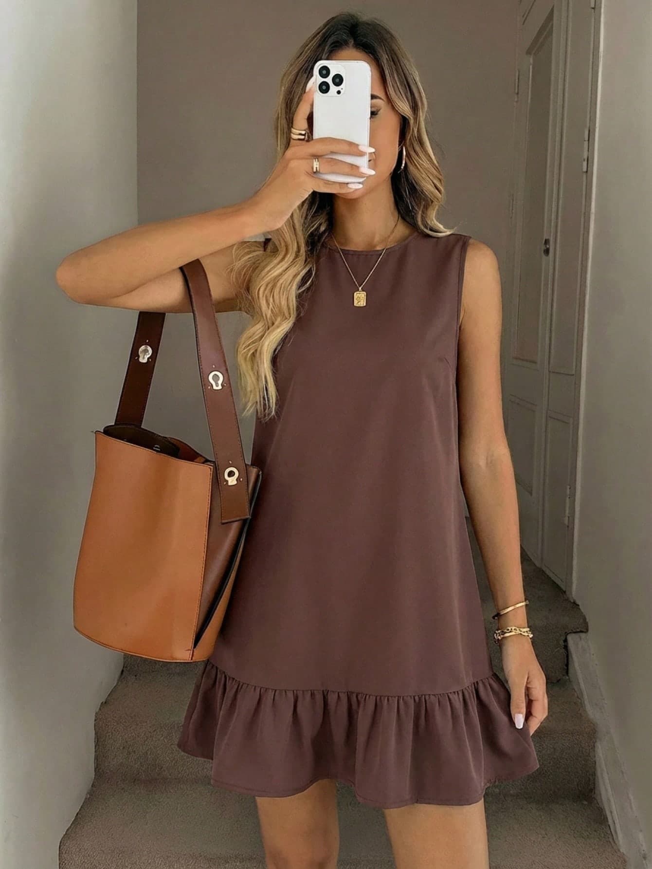 SHEIN LUNE Women's Solid Color Round Neck Fashionable Date Party Mini Dress,Summer Dresses For Women