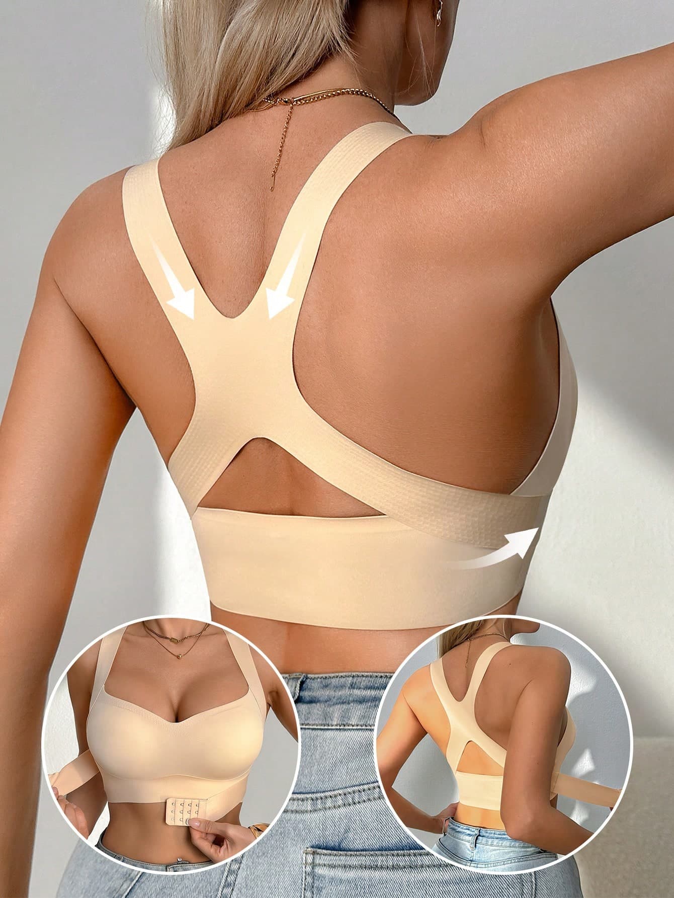1-Pack Women's Front Hook Push-Up Anti-Sagging Wire-Free Bra With Double Shoulder Straps, Molded Cups, Comfortable And Simple Cross Back