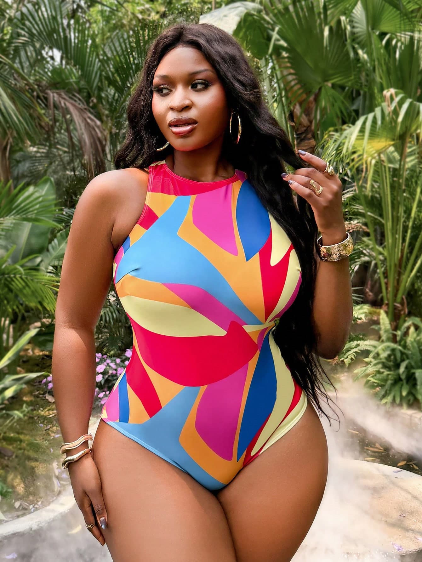 Slaydiva Plus Size Women One-Piece Patchwork Swimsuit, Suitable For Beach Vacation, Pool Party, Beach Party