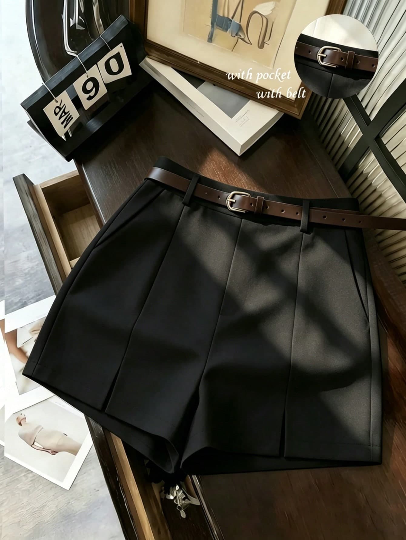 Franclia Women's Summer Casual Smart Office High Waist Shorts With Belt,Textured Soft Fabric Belted Hot Pants,Fashion Commuter Side Slits Black Bottoms
