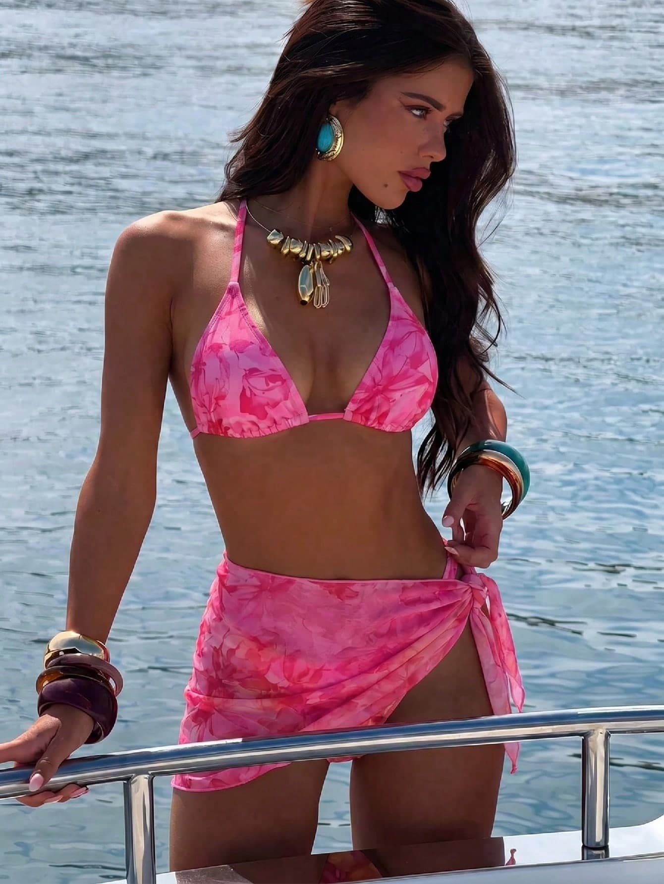 Swim Vcay Women's Floral Print Halter Tie Back Sexy Bikini 3-Piece Swimwear Set For Beach Vacation