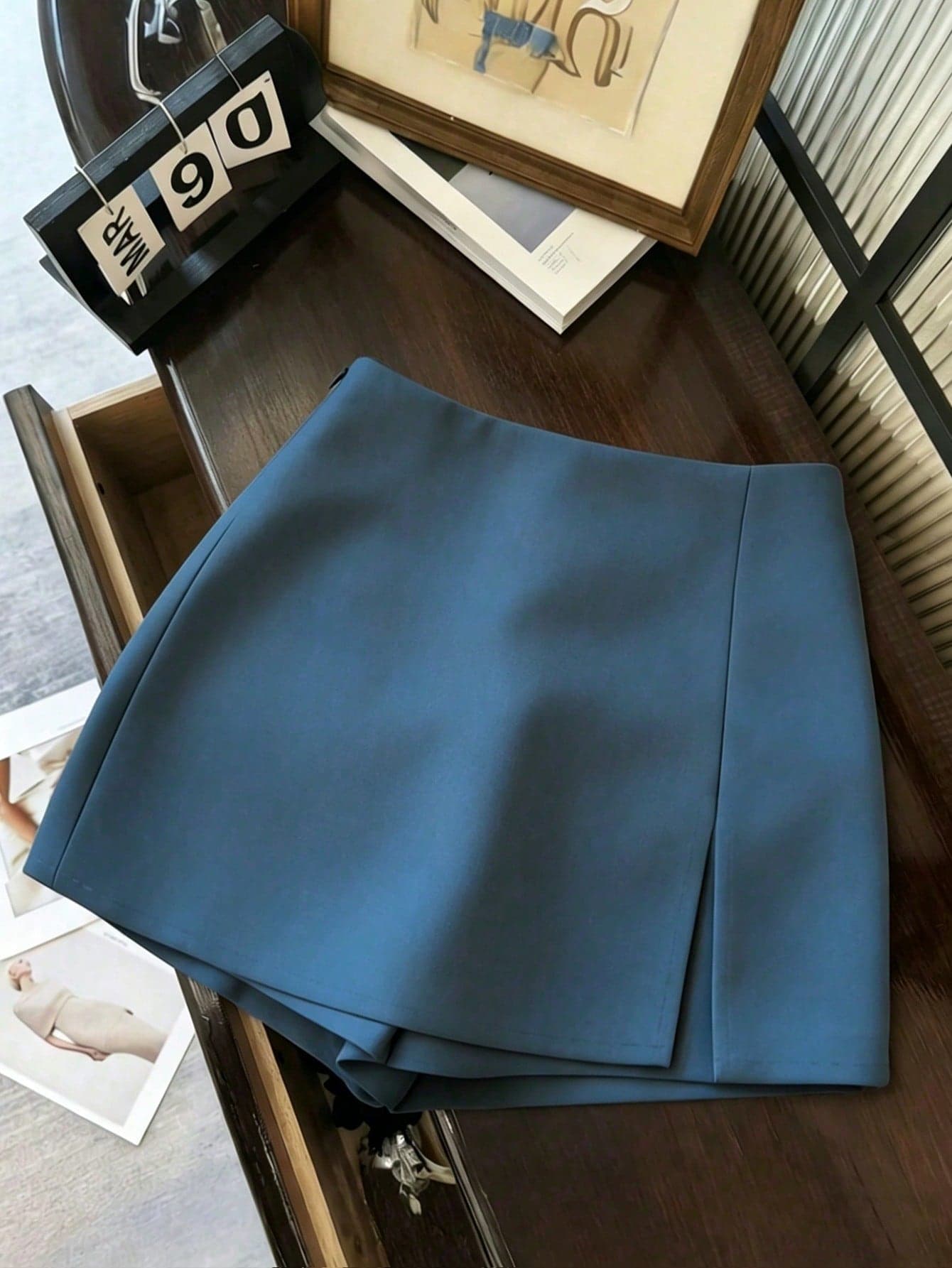 Franclia Women's Navy Blue Summer Casual Skort High Waist Slit A-Line Mini Skirt Work Date Textured Soft Fabric Double-Layered Hem Culottes Commuter Vintage