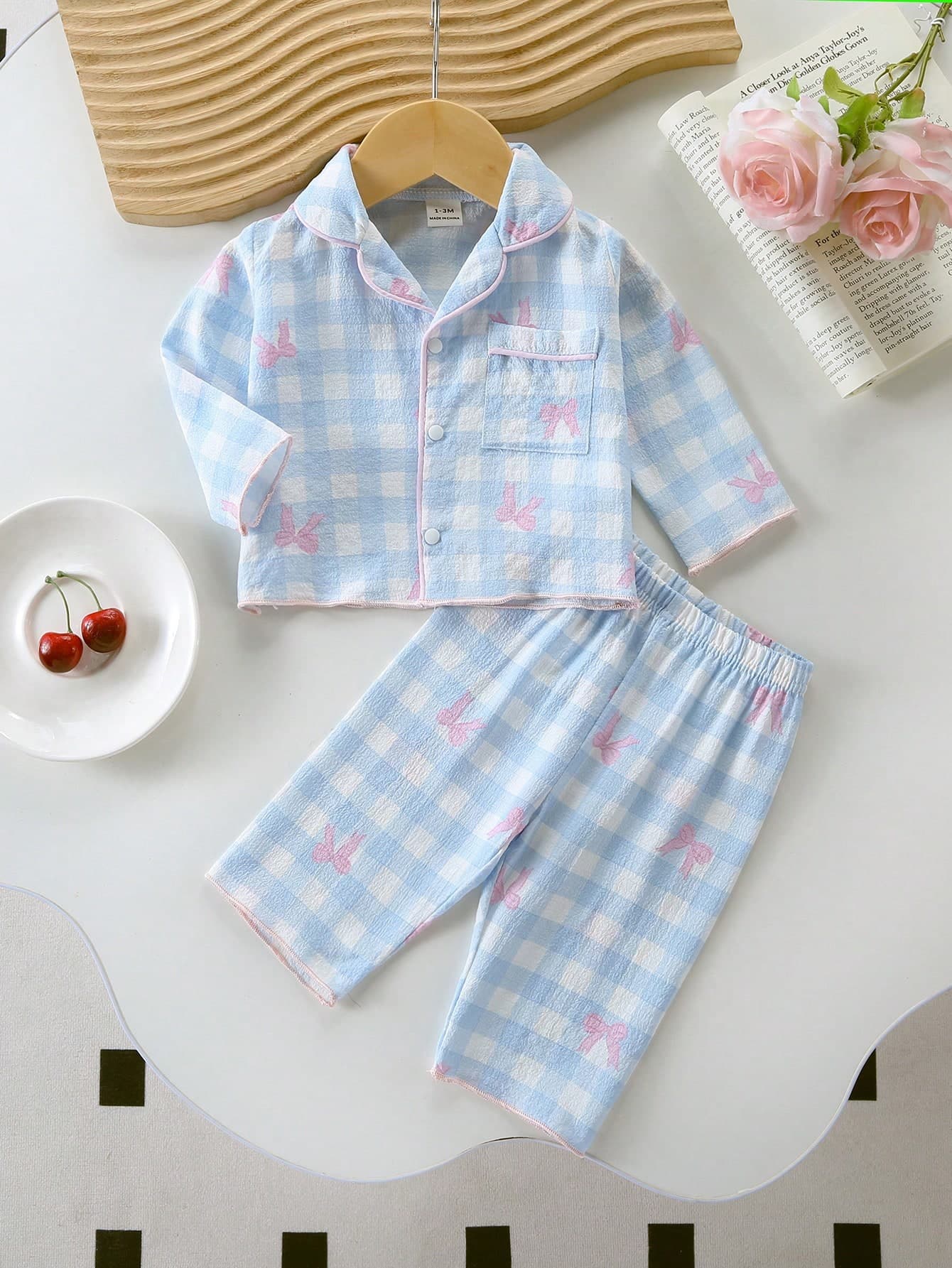 2-Piece Baby Girls Pajamas,Cute Blue And White Striped Autumn Night Sleepwear,Long Sleeve Button Front Top And Pants Set,Newborn Toddler Homewear