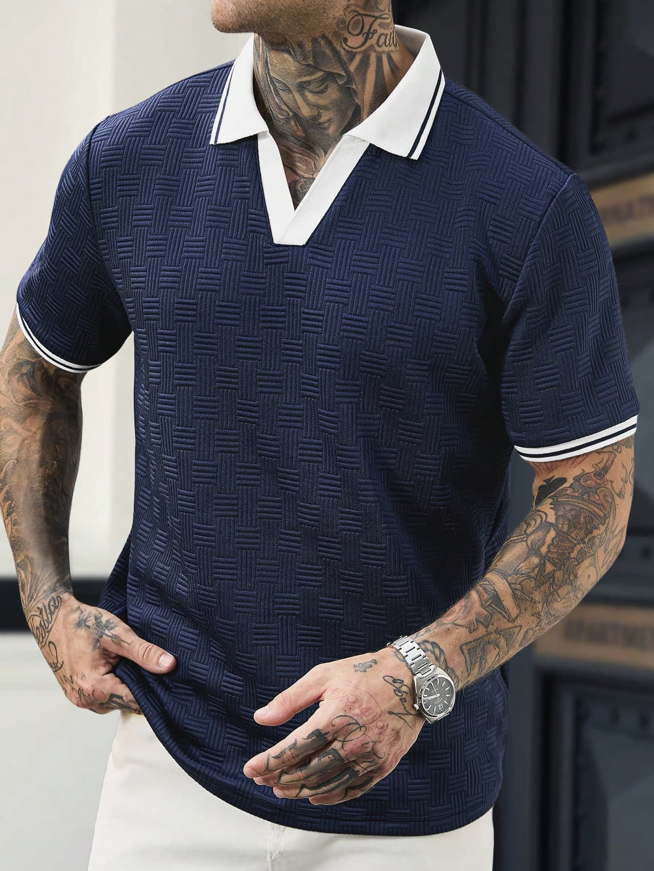 Manfinity CasualCool Men's Short Sleeve Textured Fabric Polo Shirt, Suitable For Outings, Gatherings, And Office Wear, Formal
