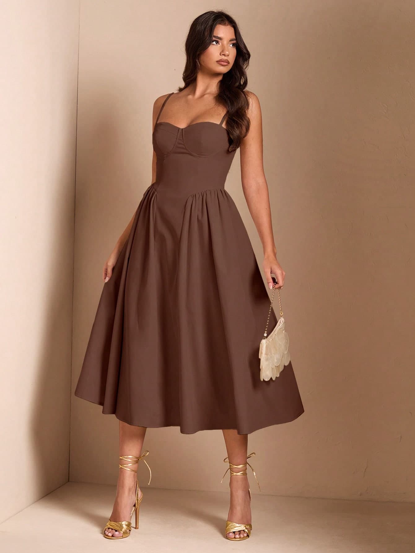 SHEIN BAE Elegant Women's Spaghetti Strap Long Puff Dress, Suitable For Daily Dates, Outings, Nightclubs, Parties, Autumn Season,Summer Dresses For Women,Wedding Guest Dress Women