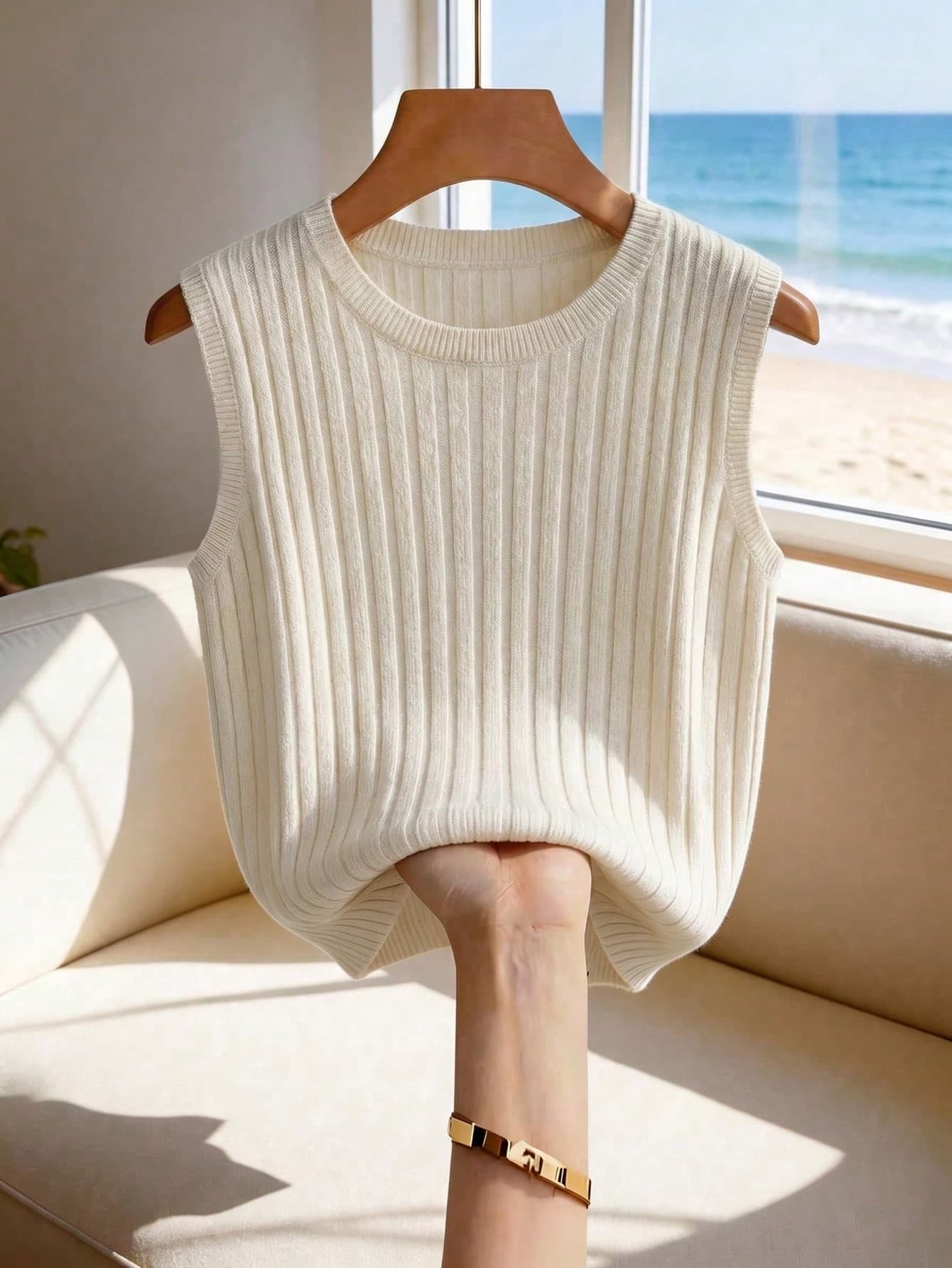 SHEIN Franclia Women's Cream White Summer Elegant Modest Holiday Vacation Holiday Ribbed Knit Sleeveless Vest,Casual Loose V-Neck Layering French Chic Knit Top