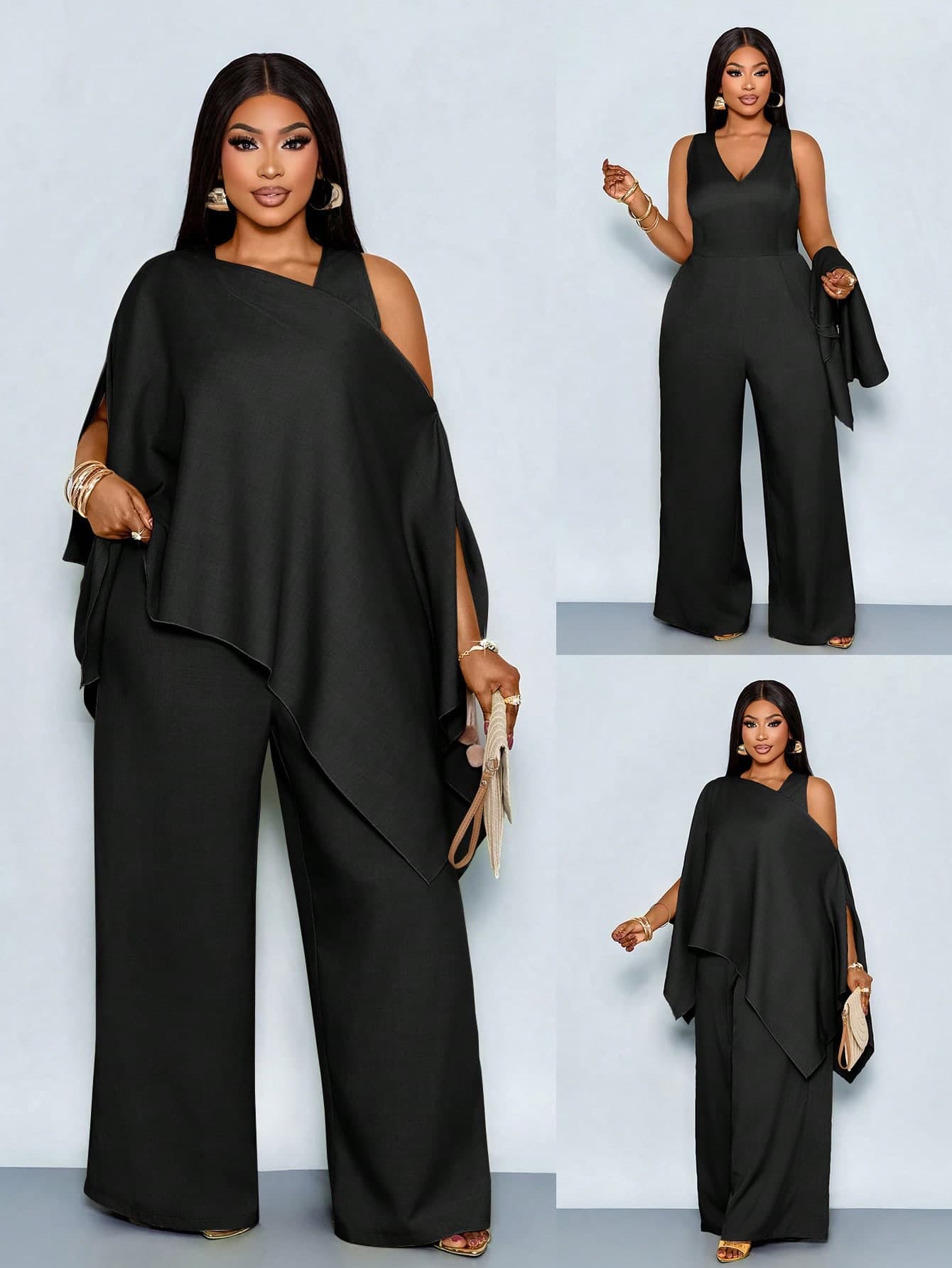 SOLERSUN Plus-Size Women's Black Winter Elegant Formal Dinner Evening Two Pieces Set,Asymmetrical Shawl Top&Deep V-Neck Wide-Leg Jumpsuit,Sophisticated Outfit