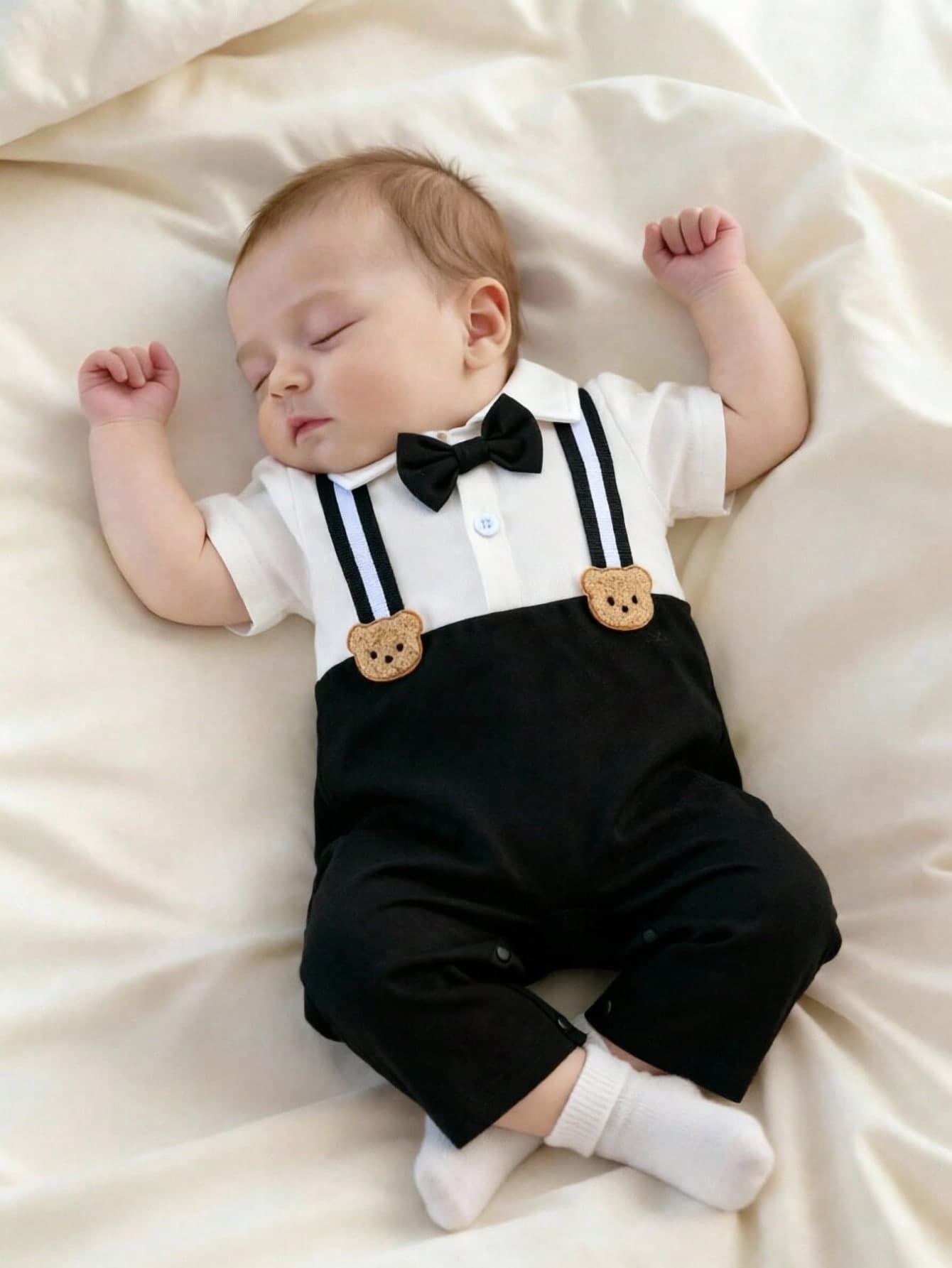 SHEIN Newborn Baby Boy Romper Black And White With Bear & Bow Tie Decor Formal Christening Baptismal Suit