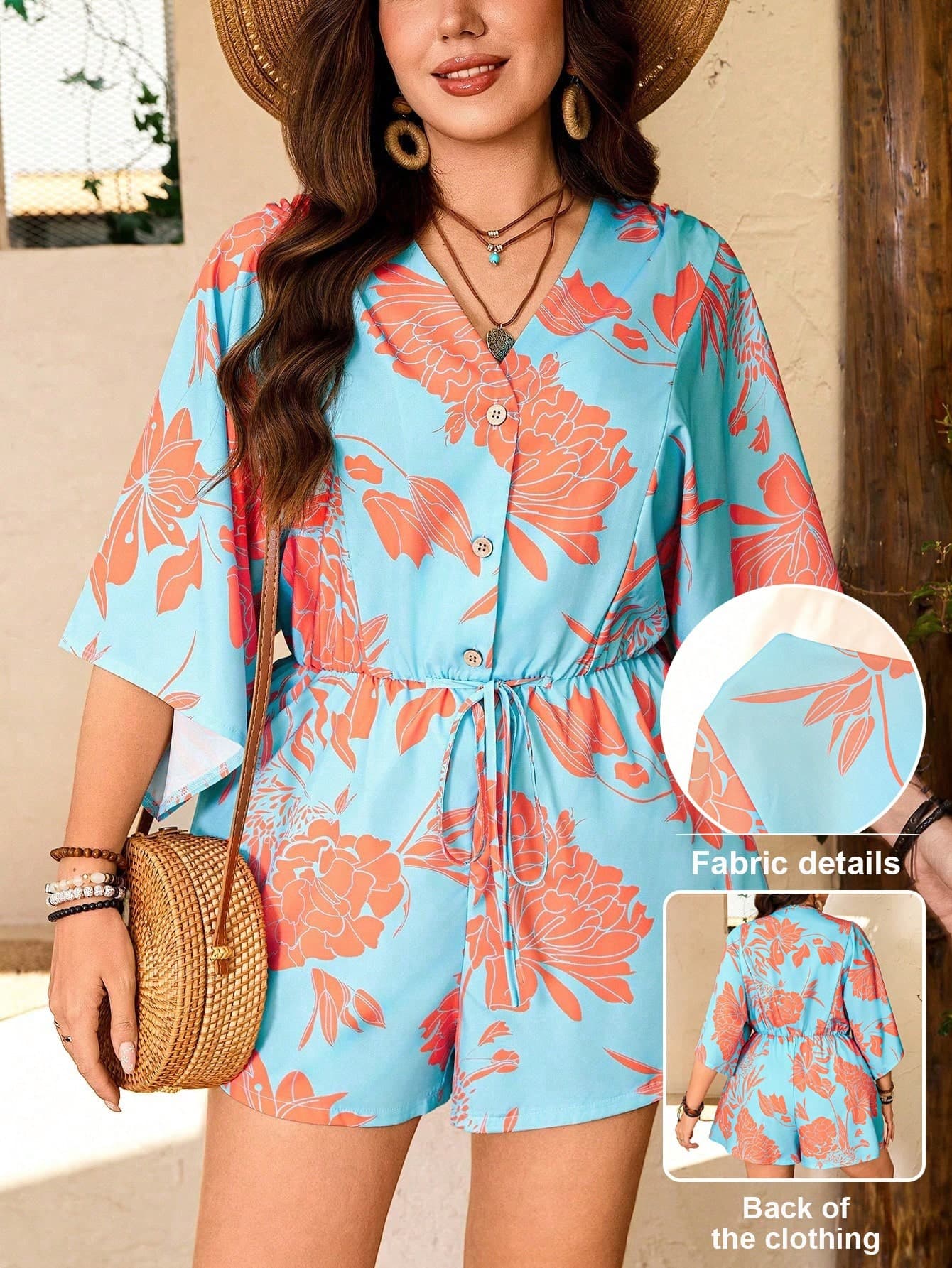 Breezaya Plus Size Women's Light Blue Vibrant Floral Print V-Neck Jumpsuit, Autumn Boho Vacation Holiday Wooden Button Cinched Waist 2 Pieces Sets Rompers Outfit