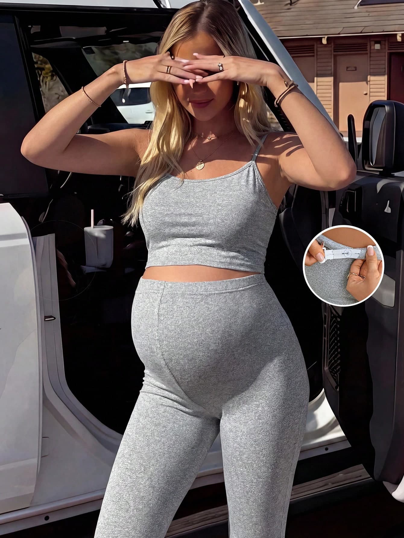 SHEIN Maternity 2 Piece Outfits Grey Summer Casual Pregnancy Two Piece Set For Pregnant Women Solid Color Camisole Cotton Leggings Yoga Sets Leisure Set
