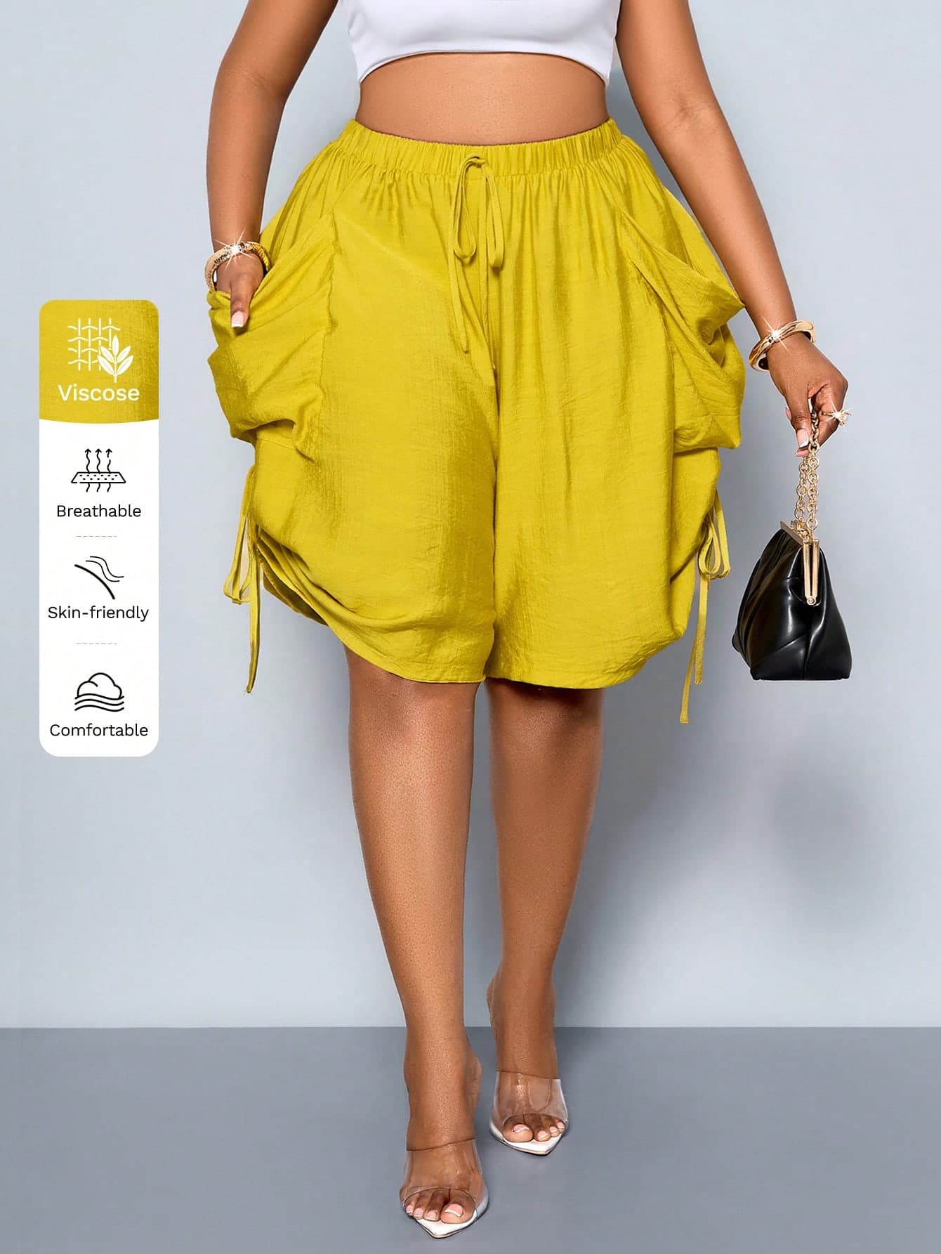 SOLERSUN Plus-Size Women's Mustard Yellow Drawstring Shorts,Summer Boho Holiday Casual Loose-Fitting Wide-Legged Shorts With Large Pockets & Elastic Waistband