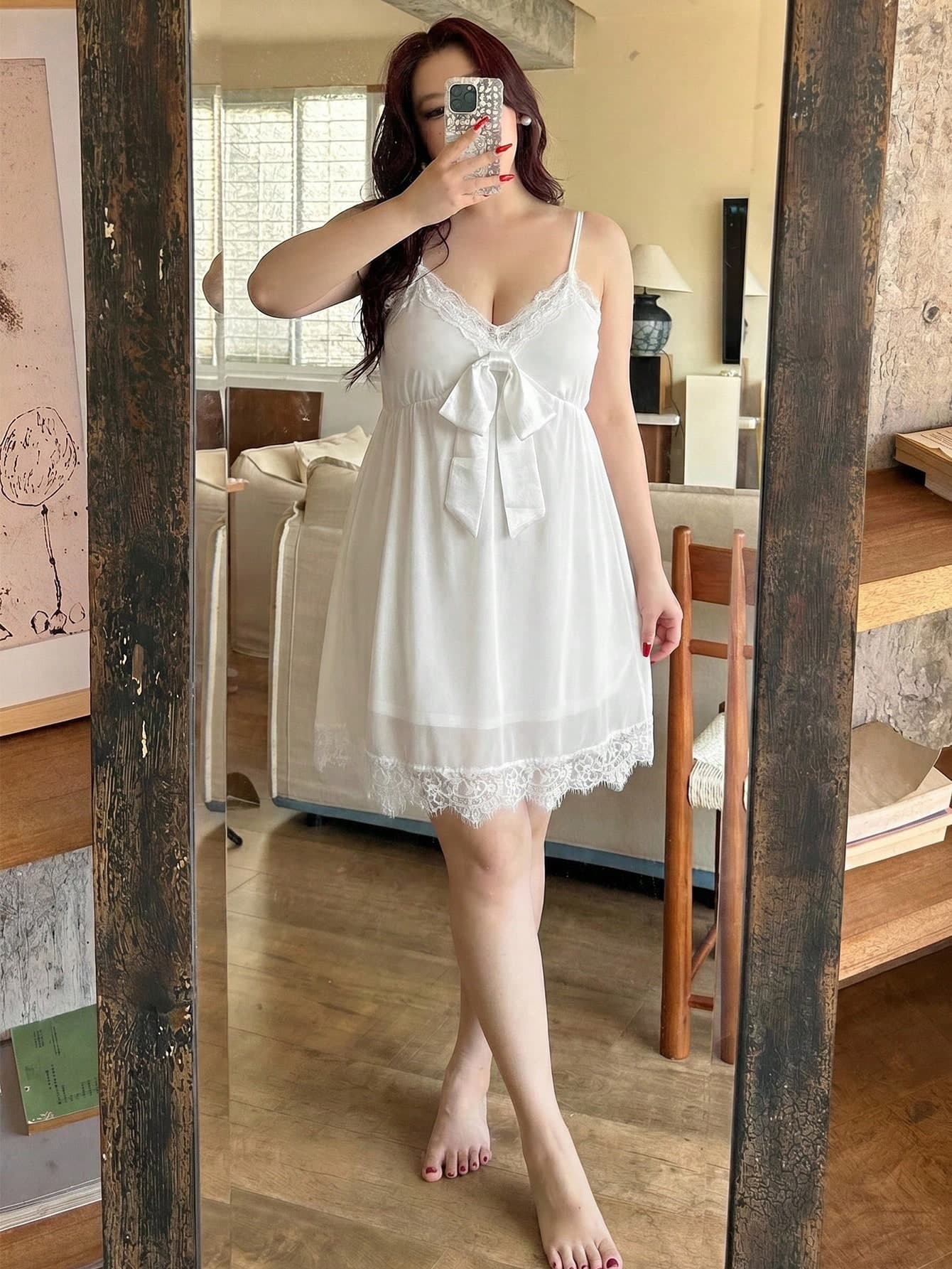 Dazy Plus Plus Size Women Contrast Lace Sexy Long Sleeve Chiffon Maxi Nightgown, Spring/Summer Pajamas
